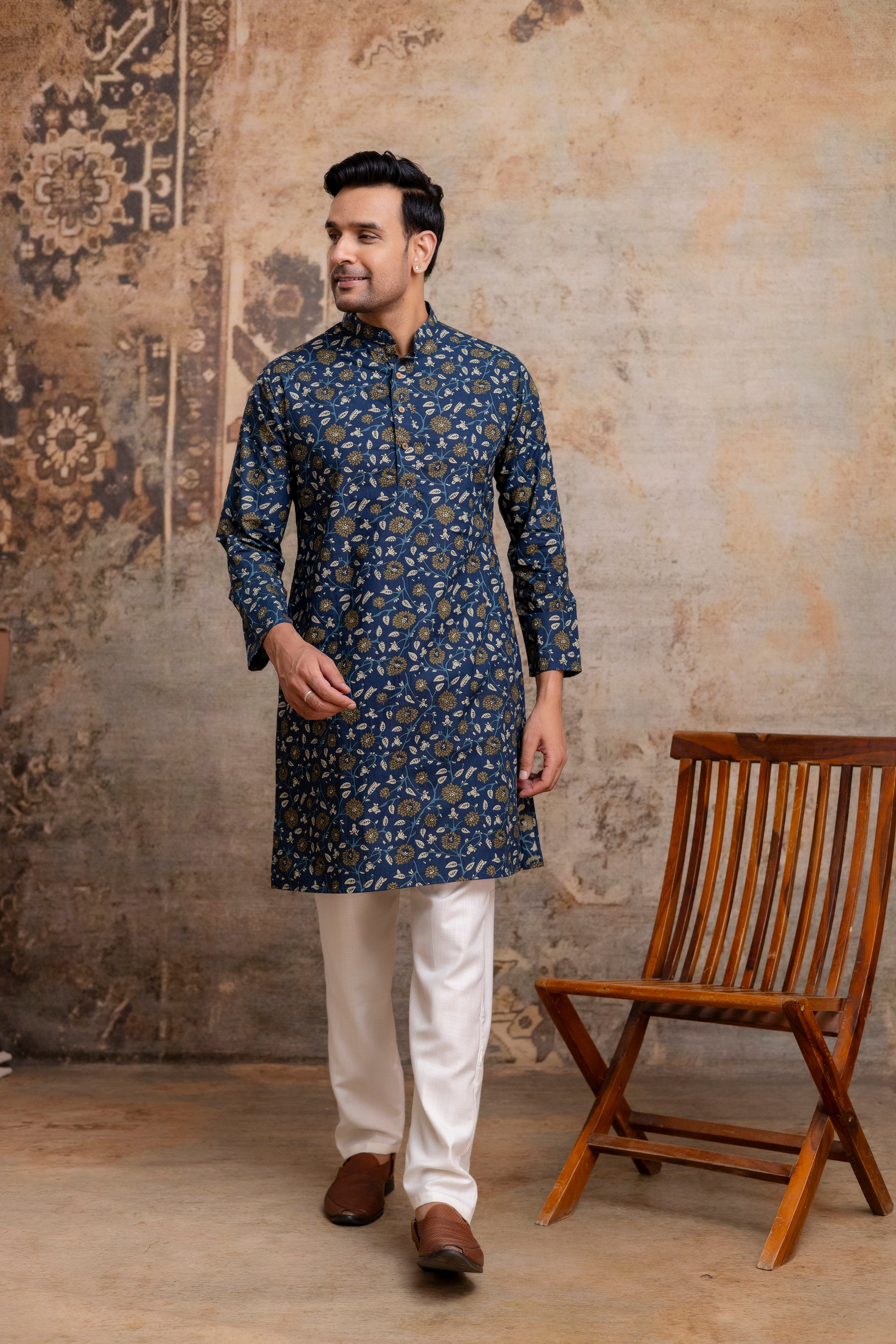 The Royal Blue Floral Garden Long Kurta