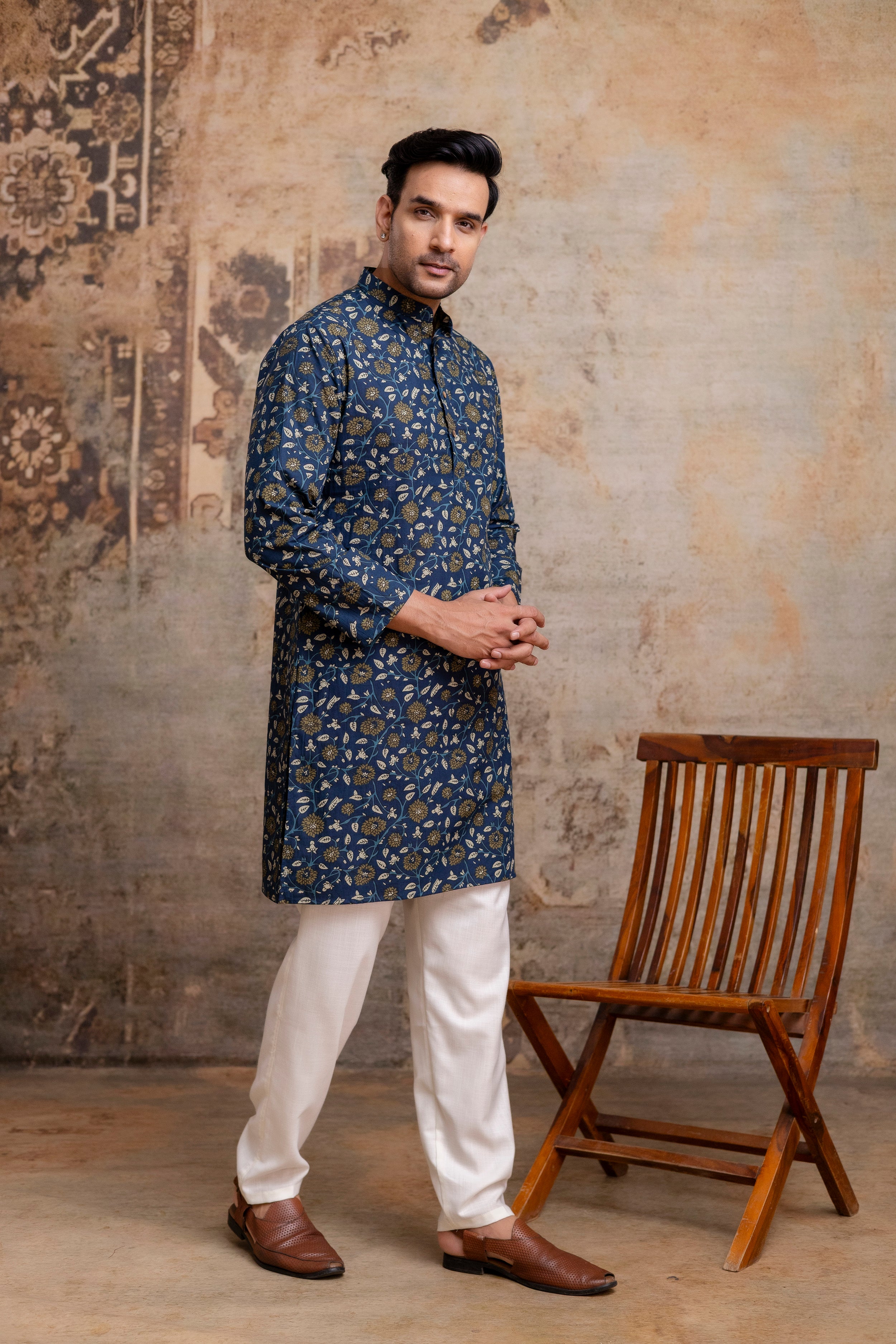 The Royal Blue Floral Garden Long Kurta