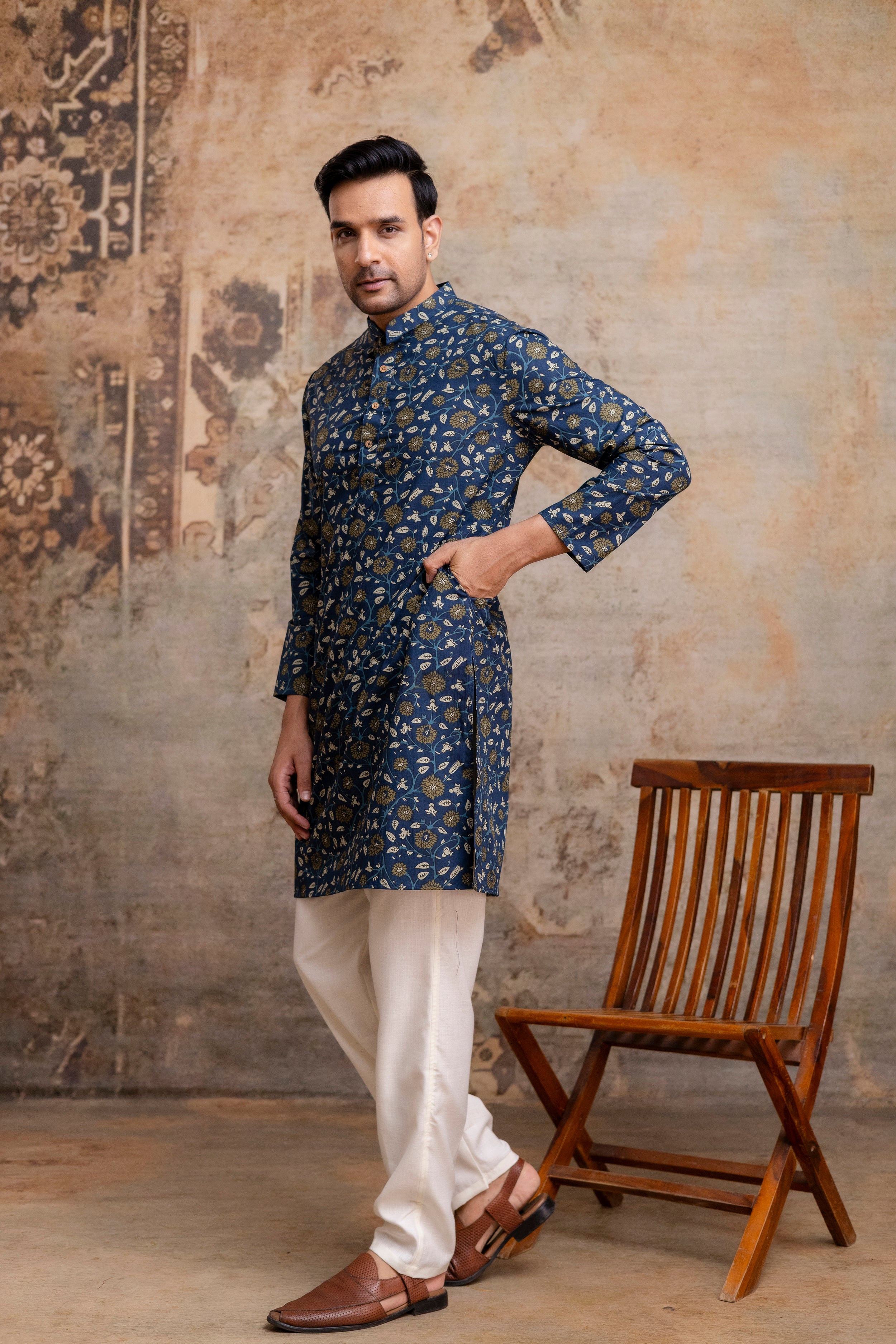 The Royal Blue Floral Garden Long Kurta