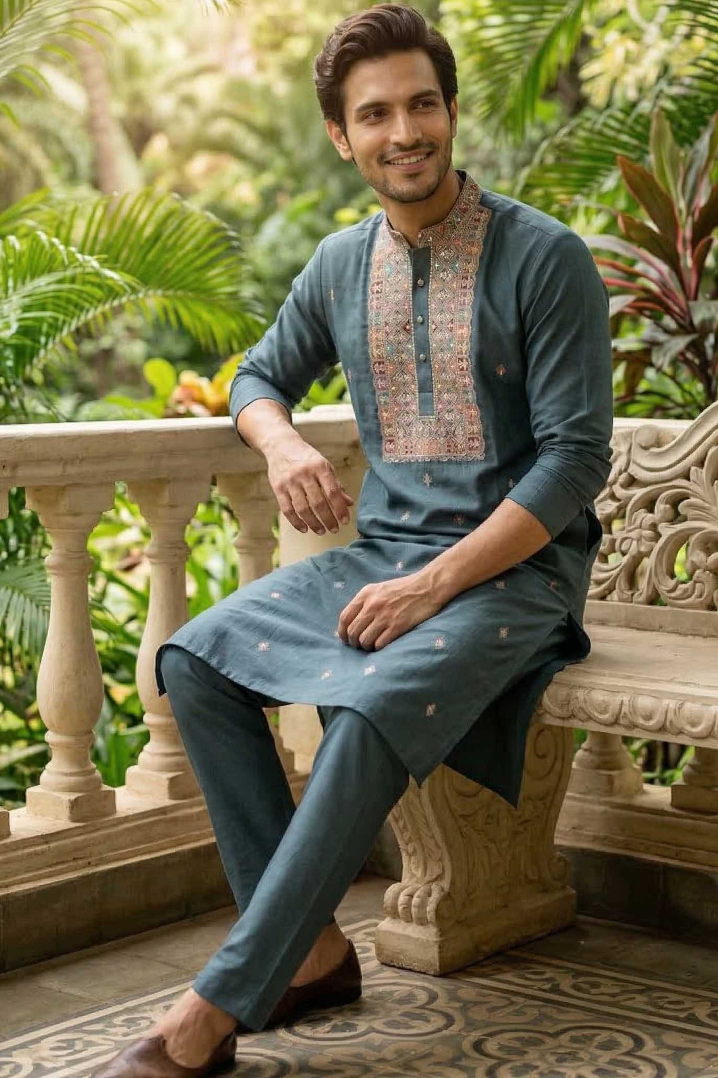 The Teal Blue Silk Blend Long Kurta with Artisanal Neck Embroidery