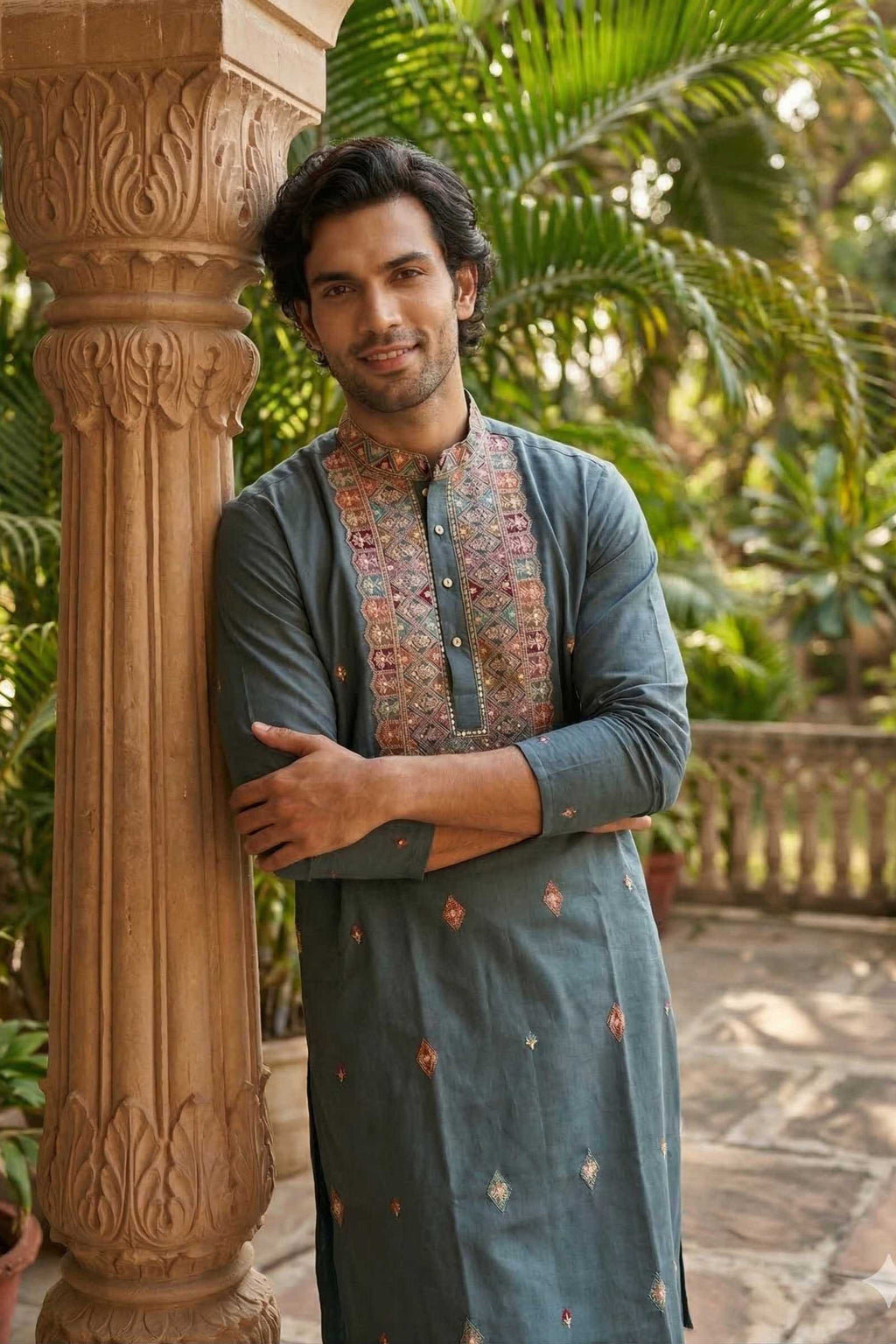 The Teal Blue Silk Blend Long Kurta with Artisanal Neck Embroidery