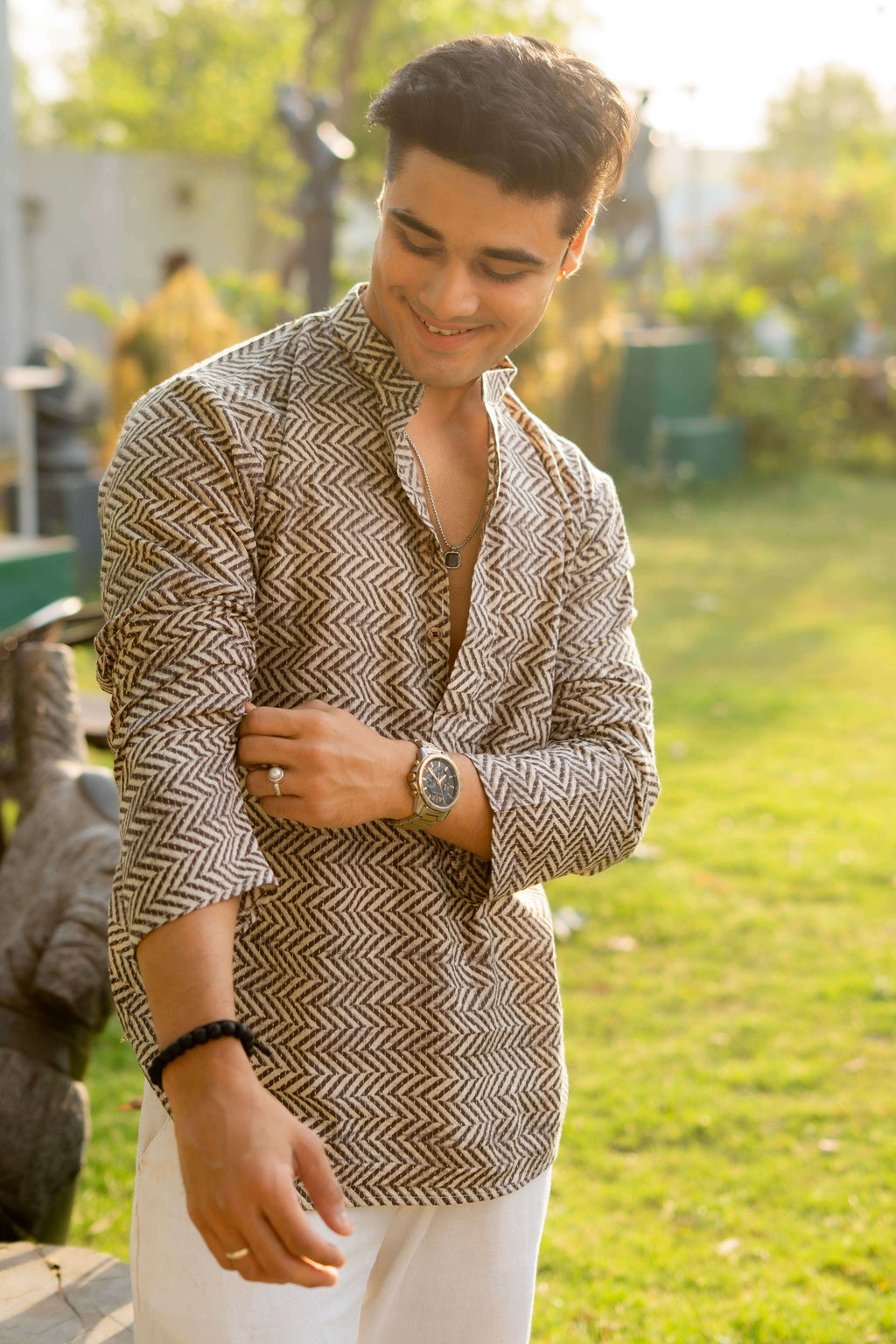 The Light Grey Kantha Work Short Kurta with Cedar Color Zig Zag Print