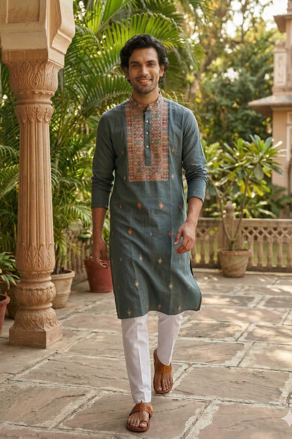 The Teal Blue Silk Blend Long Kurta with Artisanal Neck Embroidery