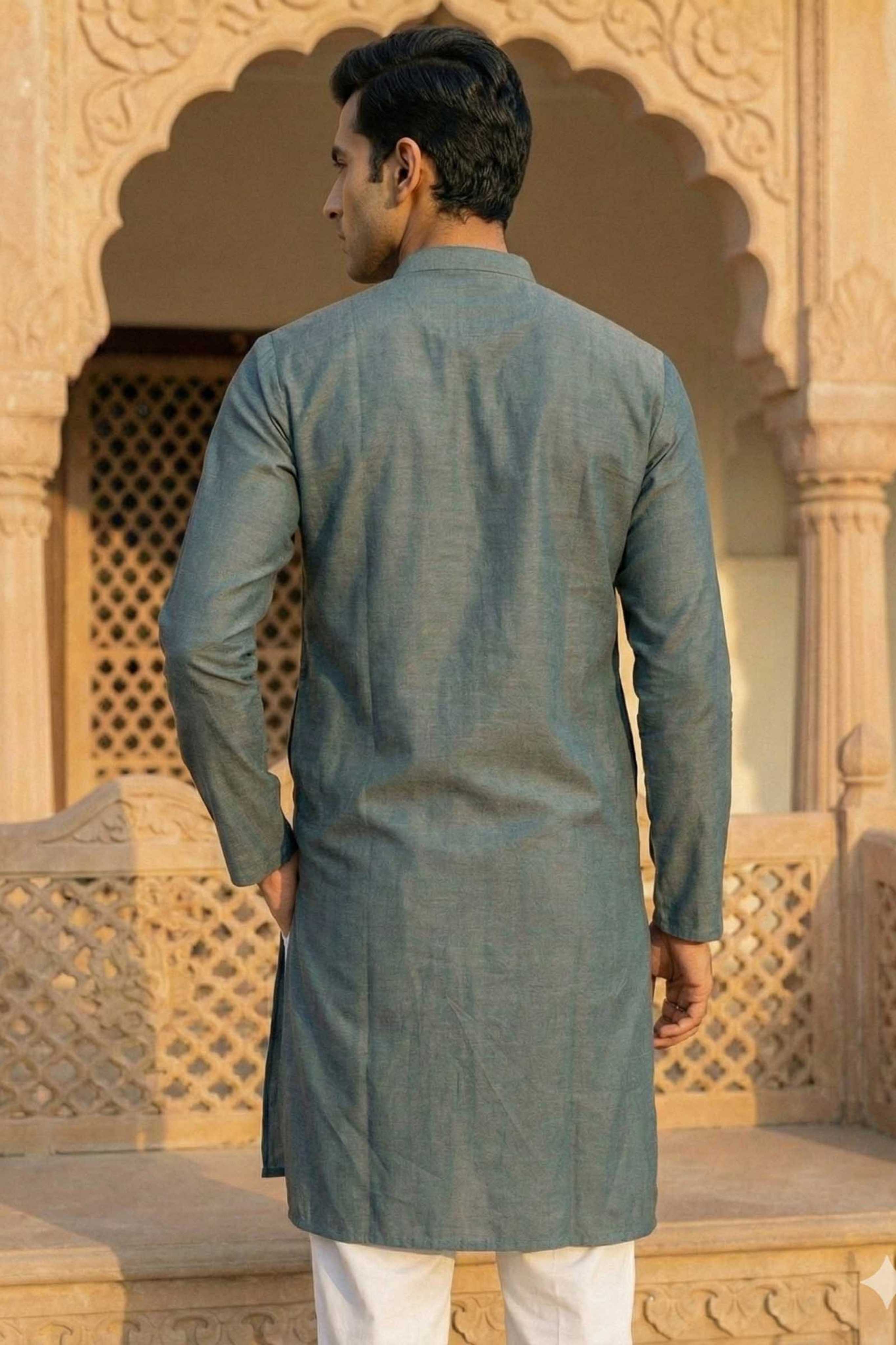 The Teal Blue Silk Blend Long Kurta with Artisanal Neck Embroidery