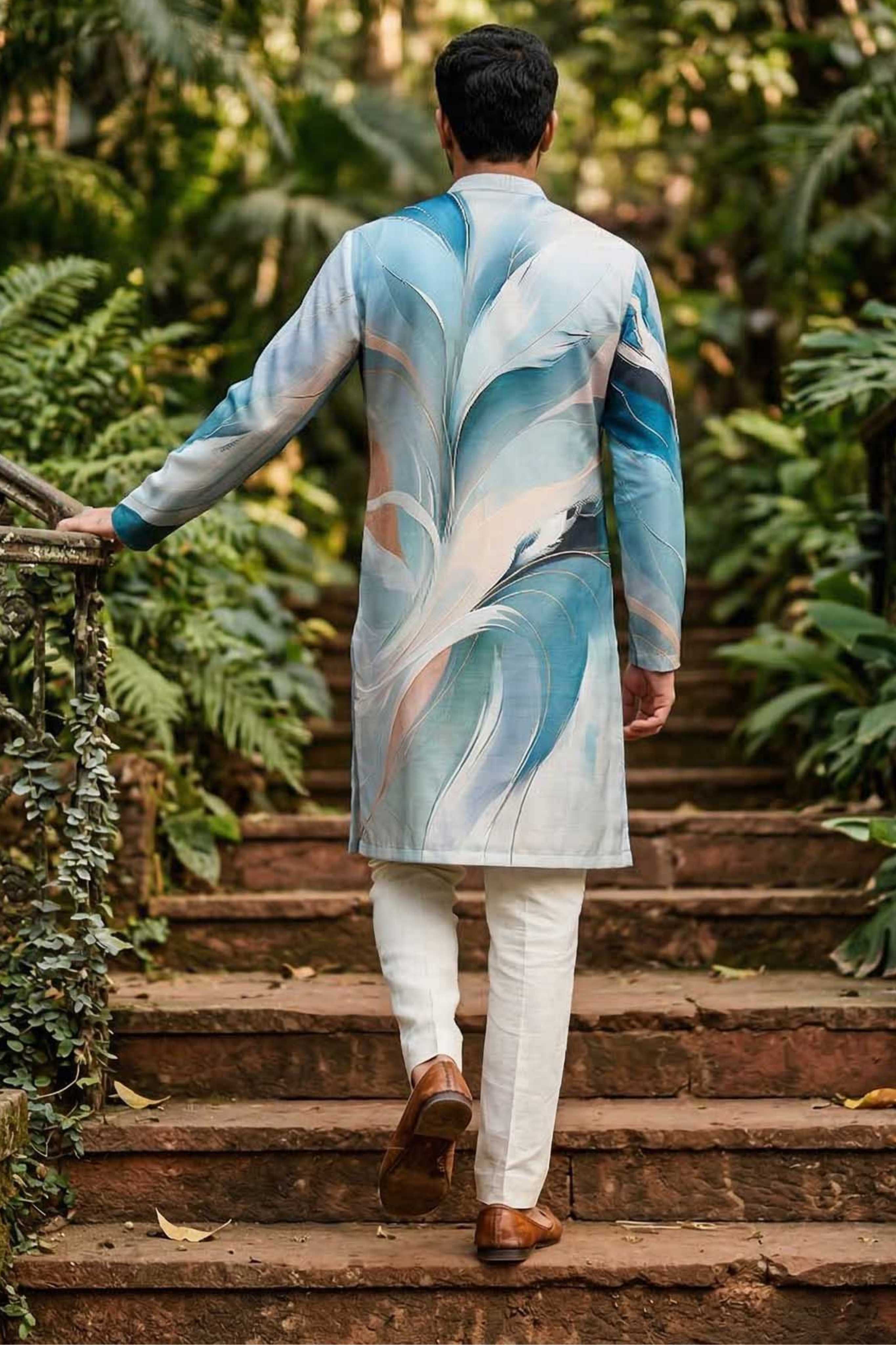 The Sage Blue Abstract Leaf Print Long Kurta