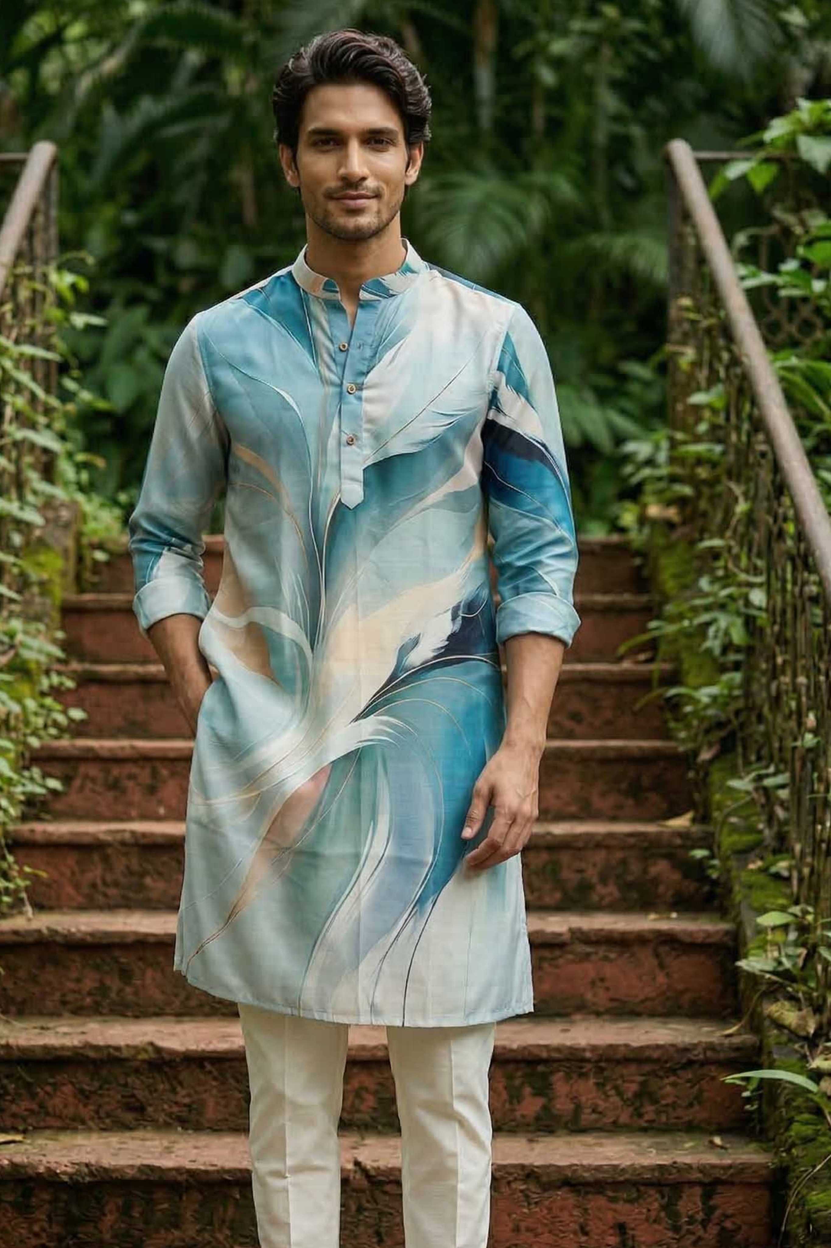 The Sage Blue Abstract Leaf Print Long Kurta