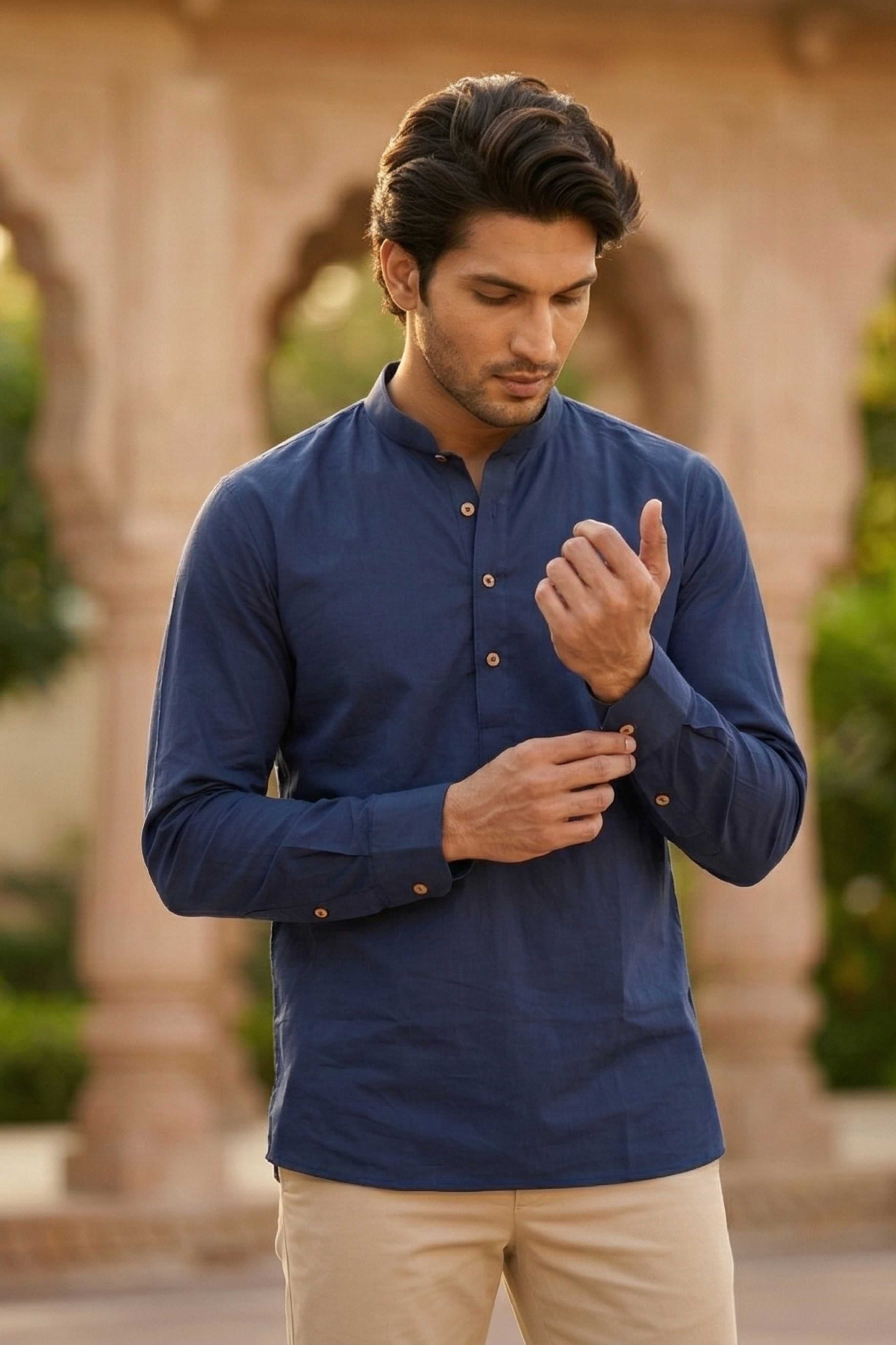 The Navy Blue Cotton Short Kurta With Buttoned Cuffs