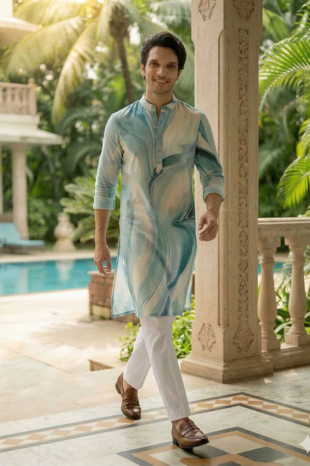 The Sage Blue Abstract Leaf Print Long Kurta