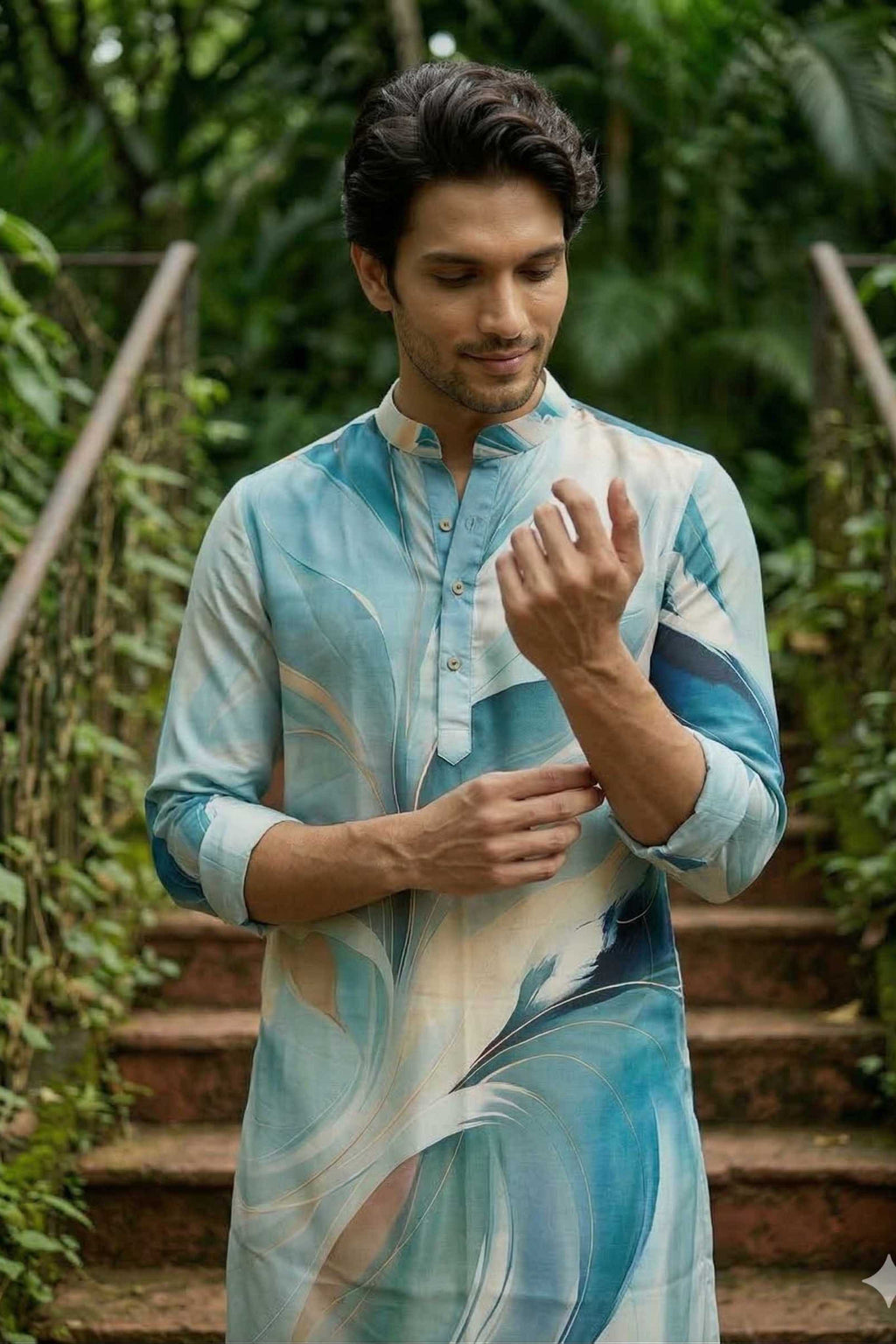 The Sage Blue Abstract Leaf Print Long Kurta