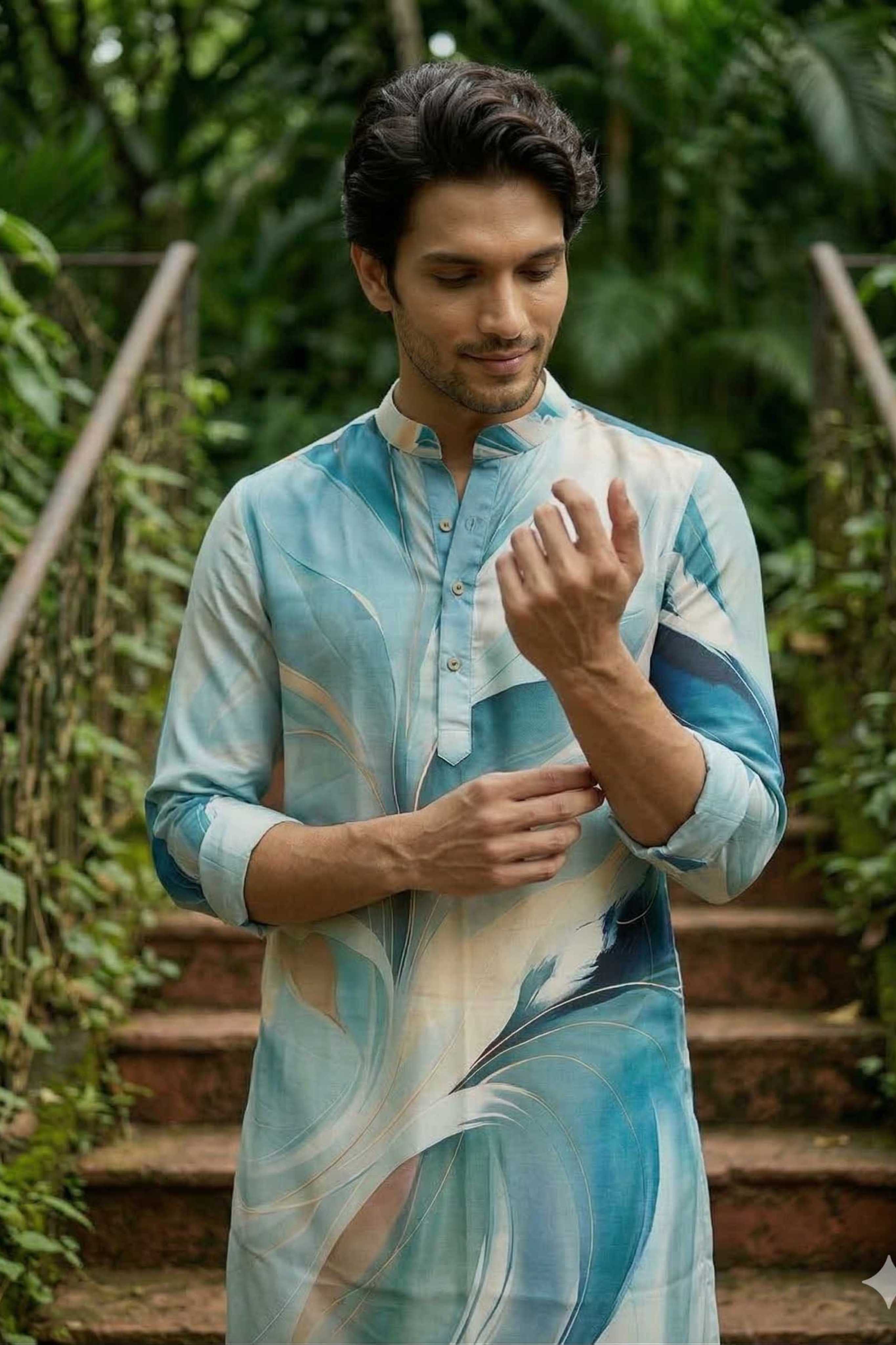 The Sage Blue Abstract Leaf Print Long Kurta