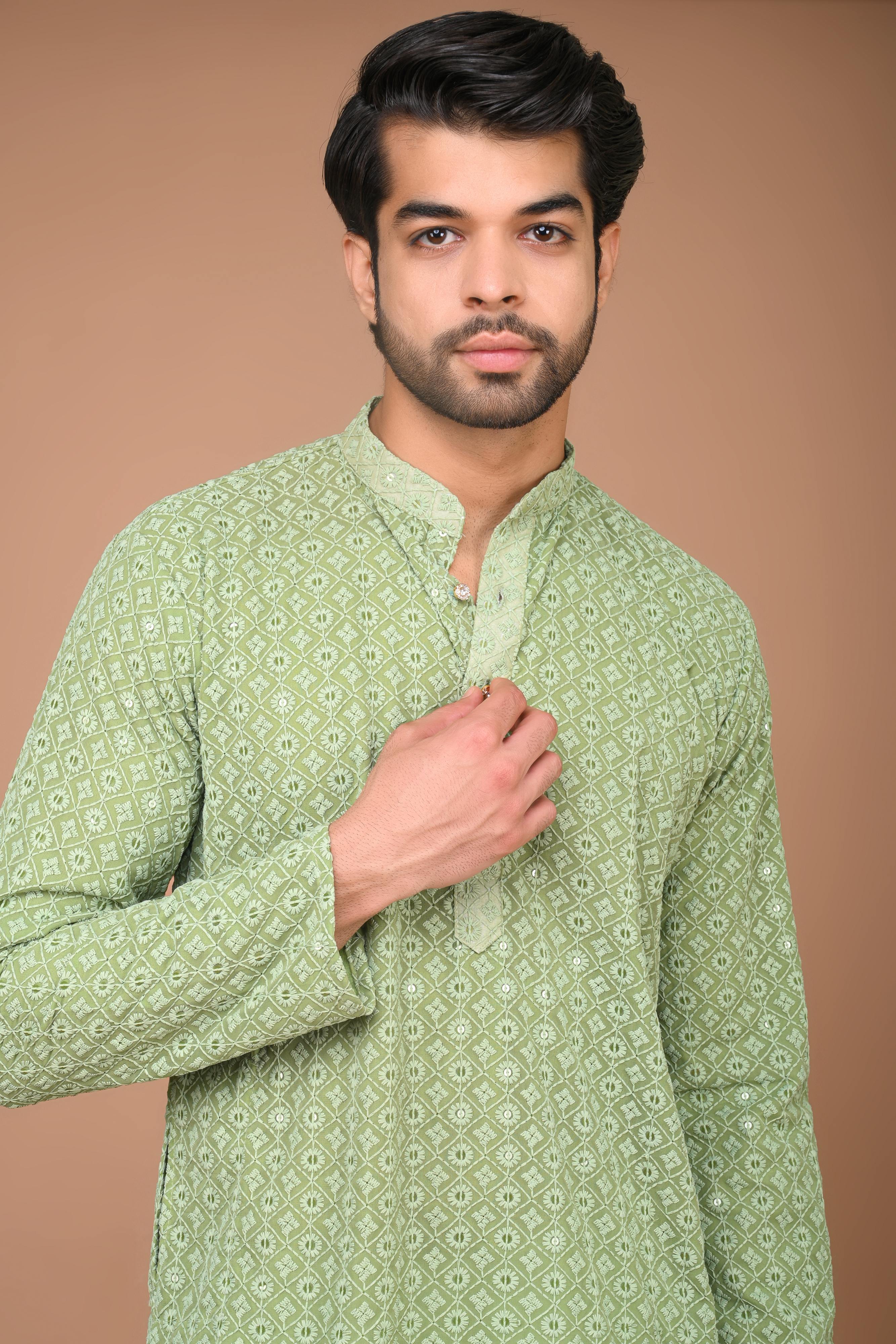 The Marine Green Chikan Kari Long kurta