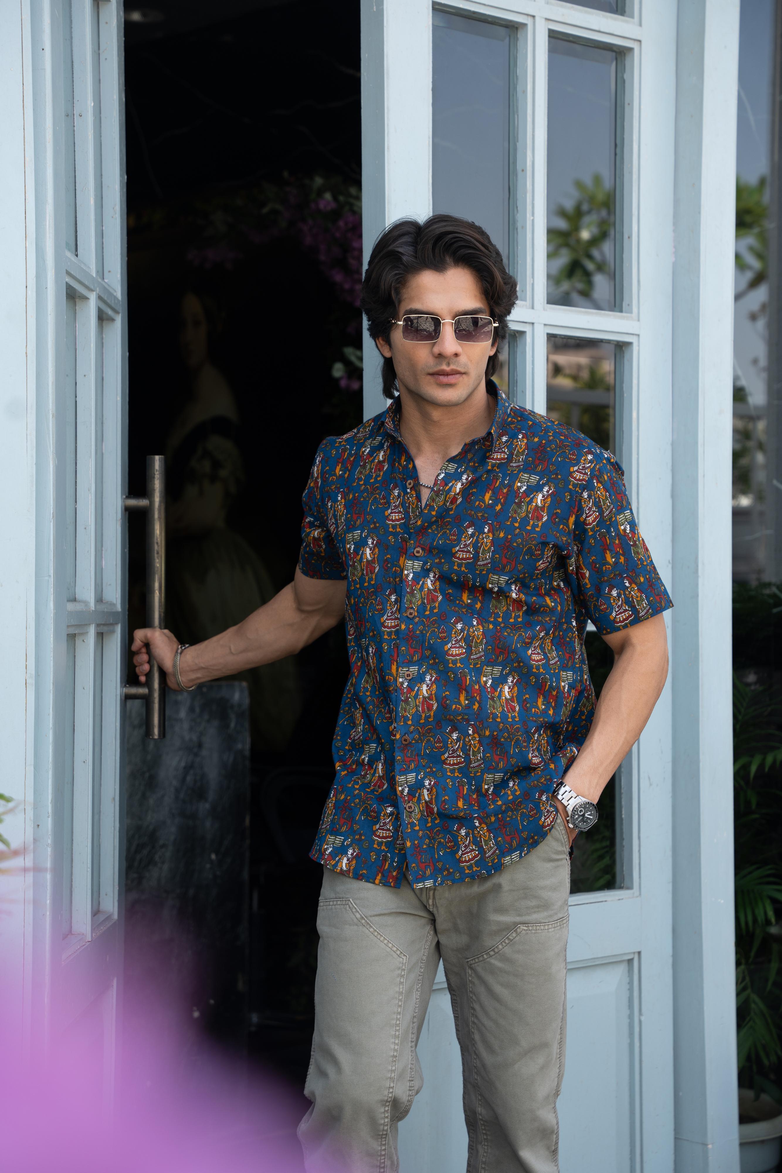 The Navy Blue Half Sleeves Shirt With Funky Tribal Print