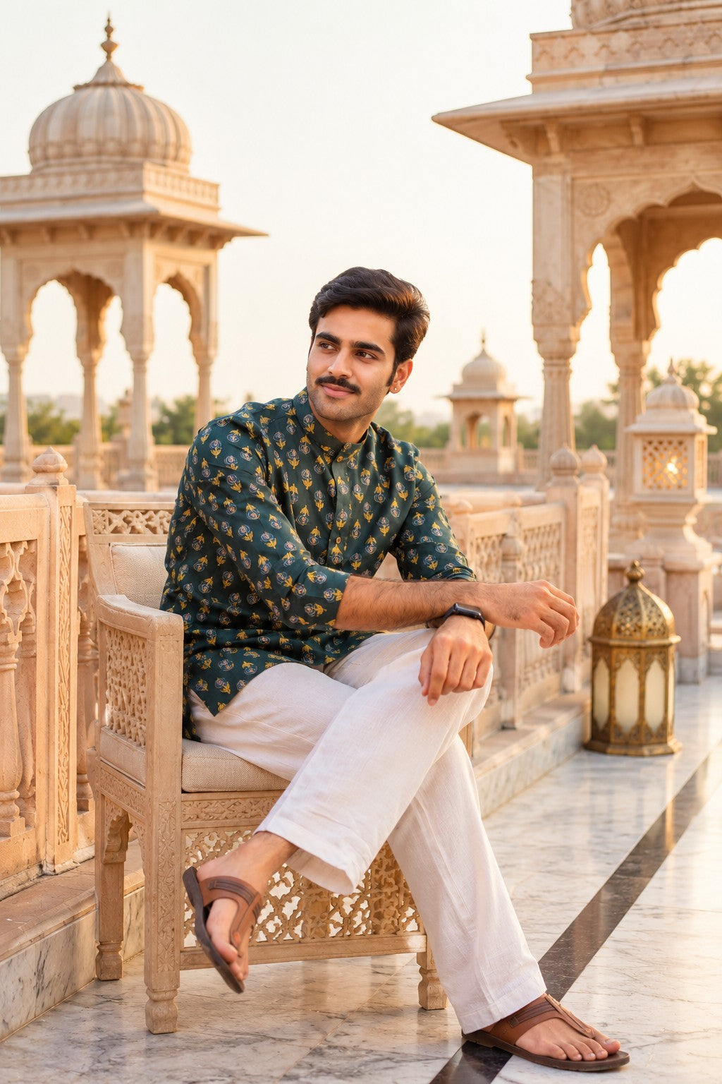 The Deep Green Garden Buti Print Mid Thigh Kurta