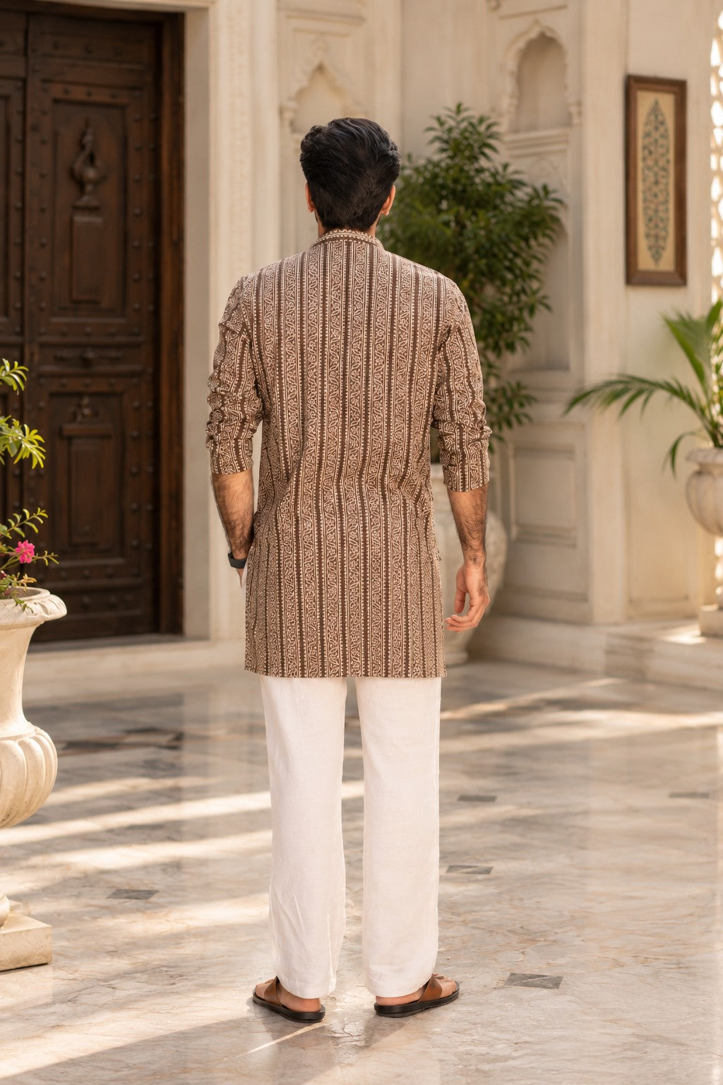The Charcoal Tribal Stripe Mid Thigh Kurta