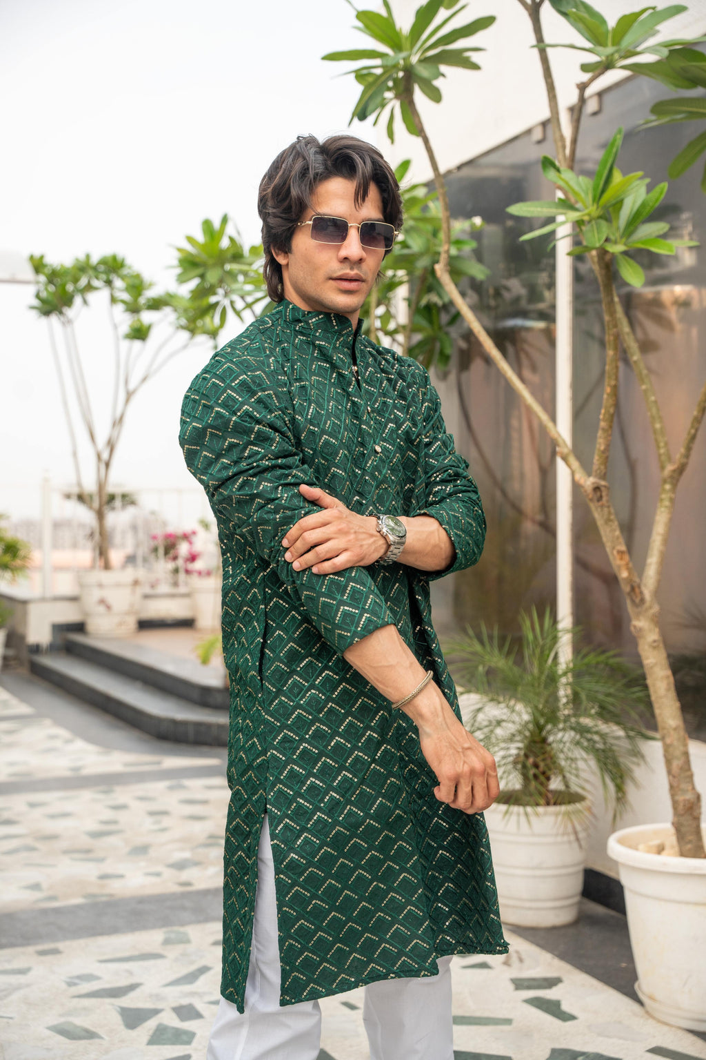 The Dark Green Long Kurta With Gemoetric Embroidery and sequins Work