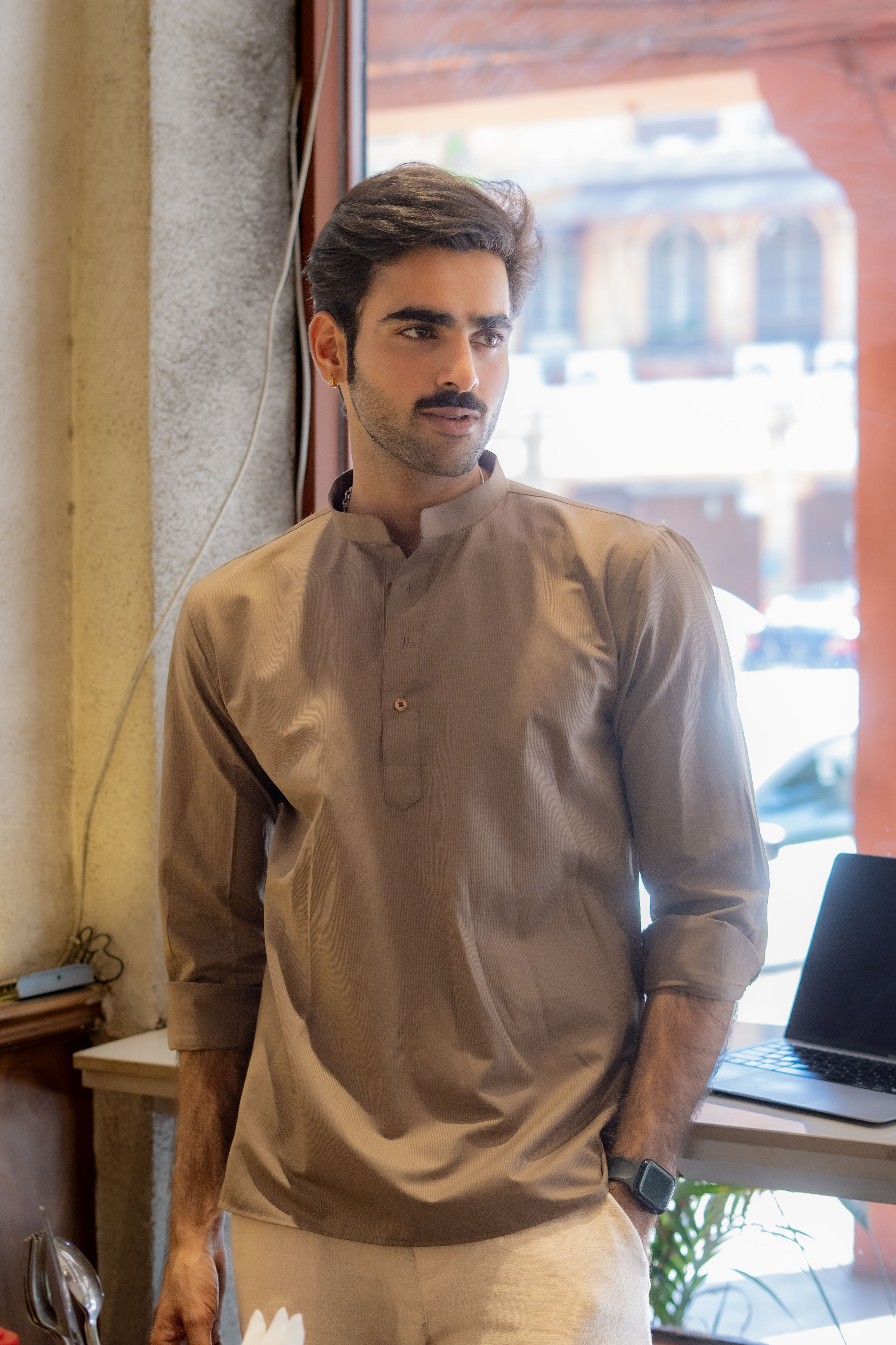 The Cocoa Brown Striped Stretchable Short Kurta
