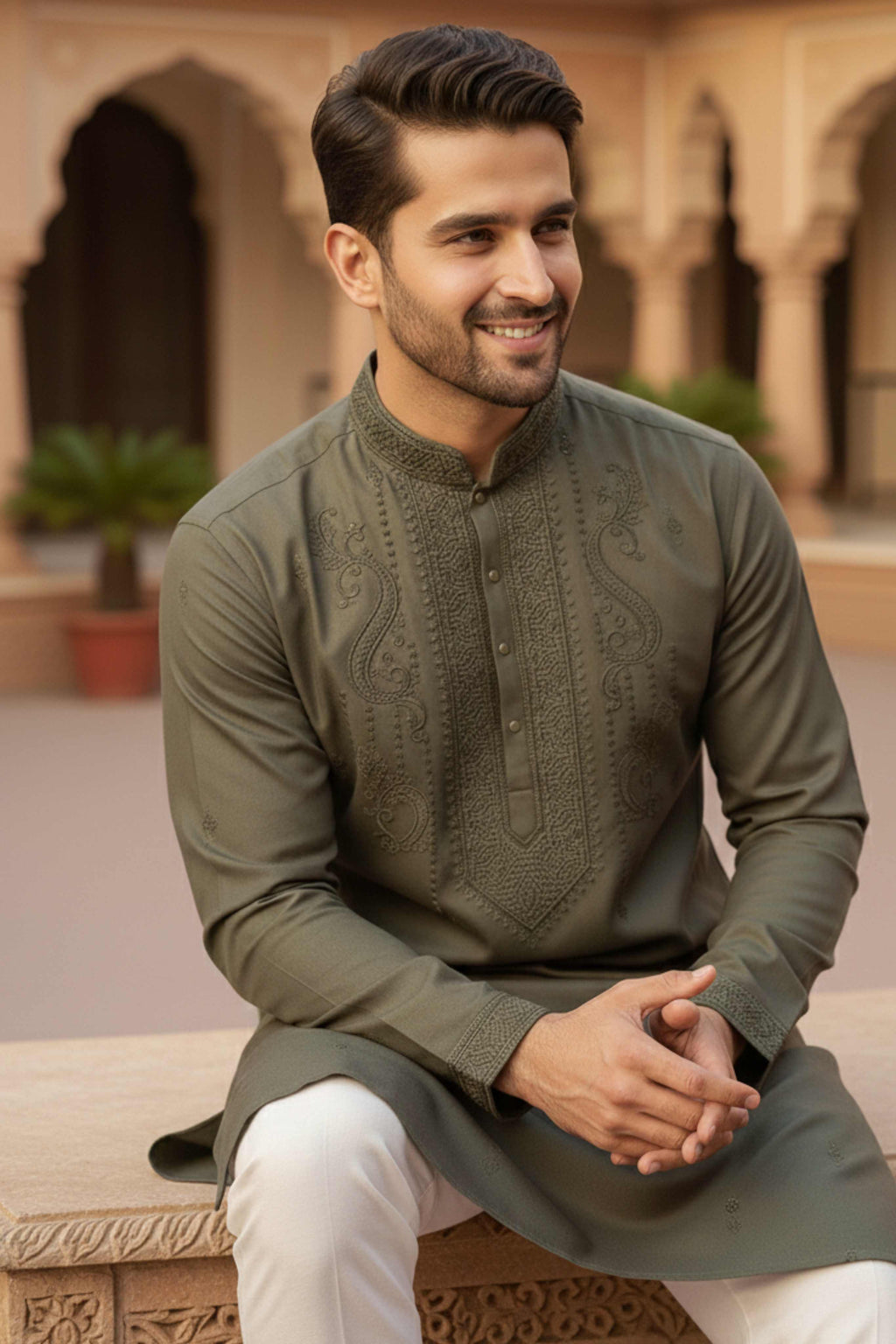 The Earthy Green Classic Heritage Embroidery Long Kurta