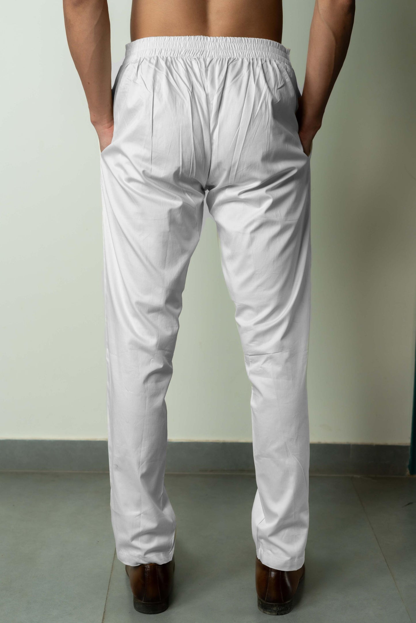 The White Color Pant Style Pajama for Men With Partially Elasticated Waist