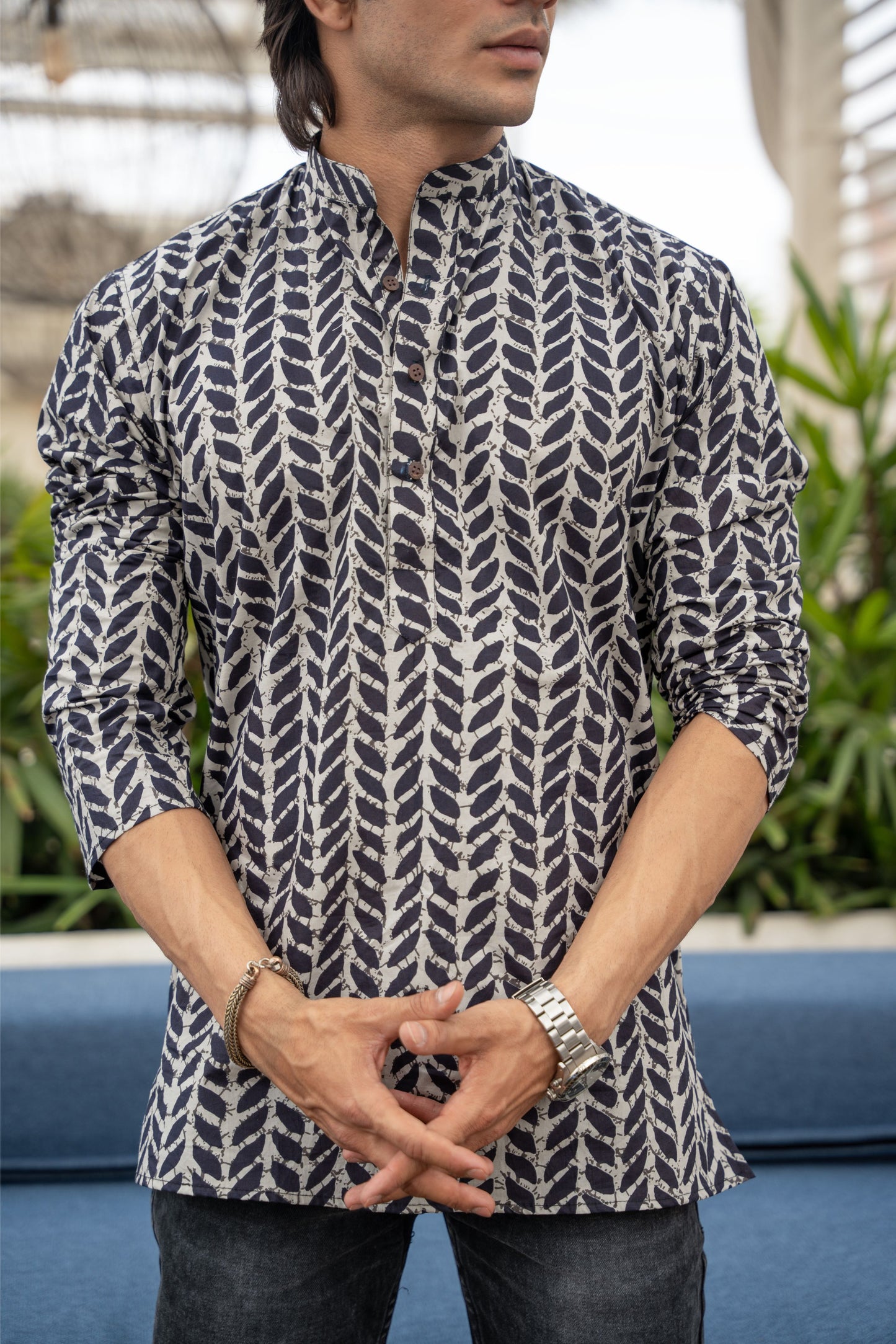 The Black Petal Stripe Print Short Kurta
