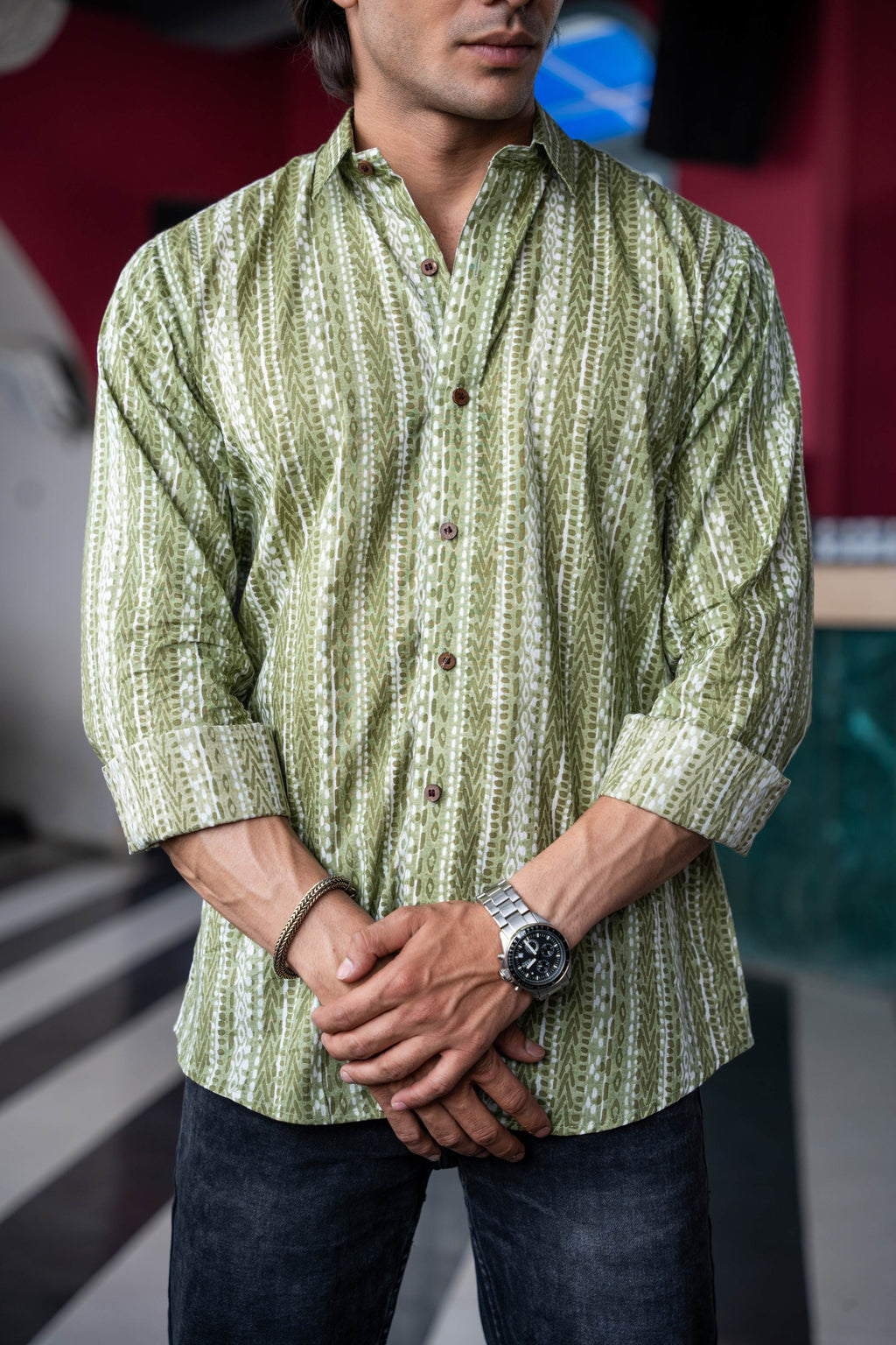 The Olive Green Tribal Geometric Print Shirt