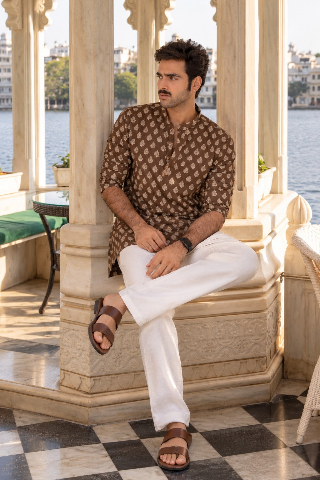 The Dark Brown Floral Motif Mid Thigh Kurta