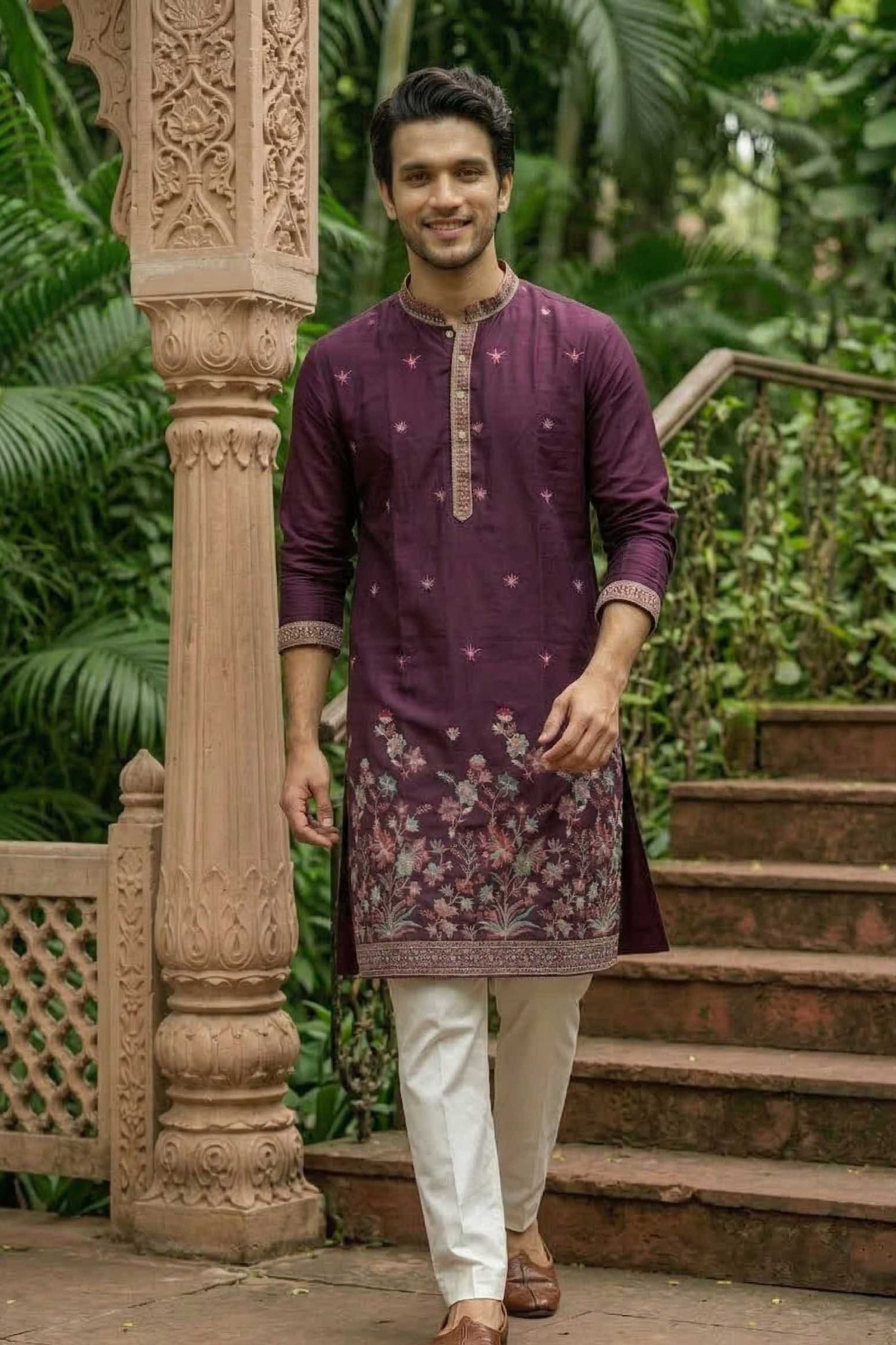 Wine Purple Designer Georgette Long Kurta with Floral Embroidery and Dupatta
