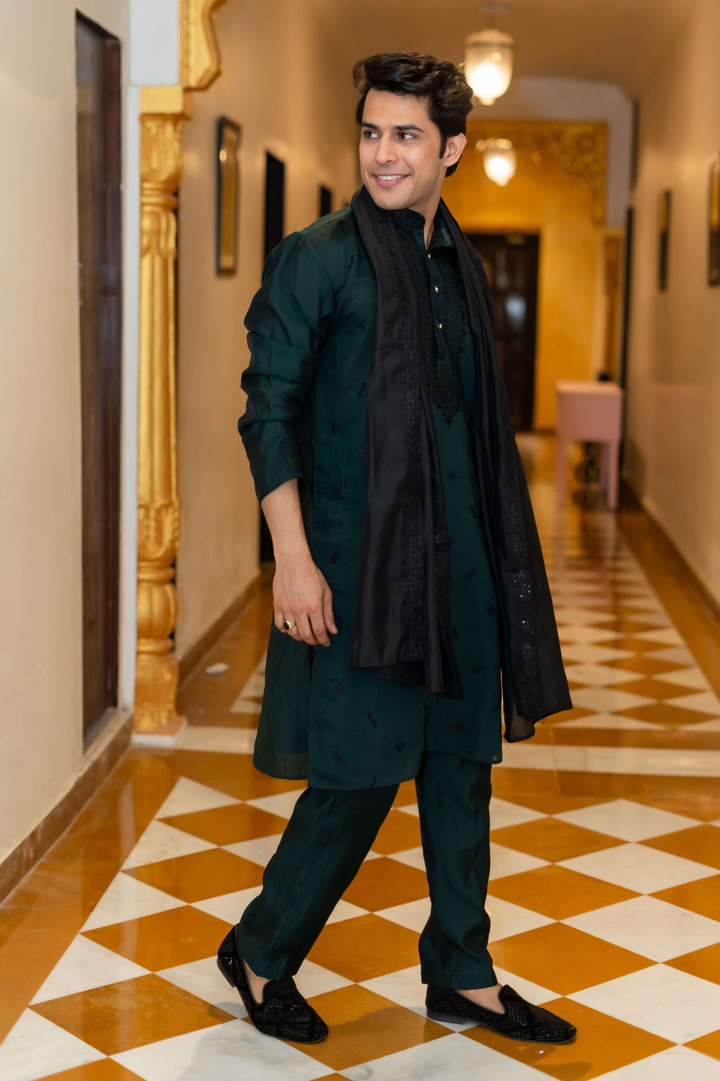 The Green Long Kurta with Classical Embroidery and Sequins Work With Dupatta and Pajama