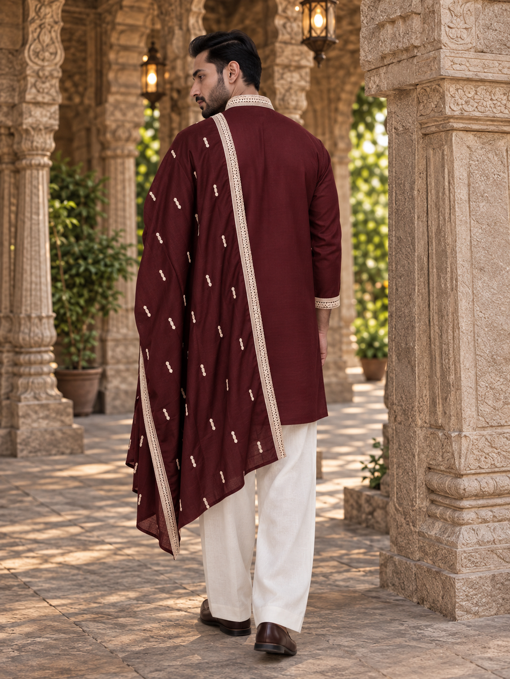 The Stylish Maroon Neck Embroidery Long Kurta With Dupatta