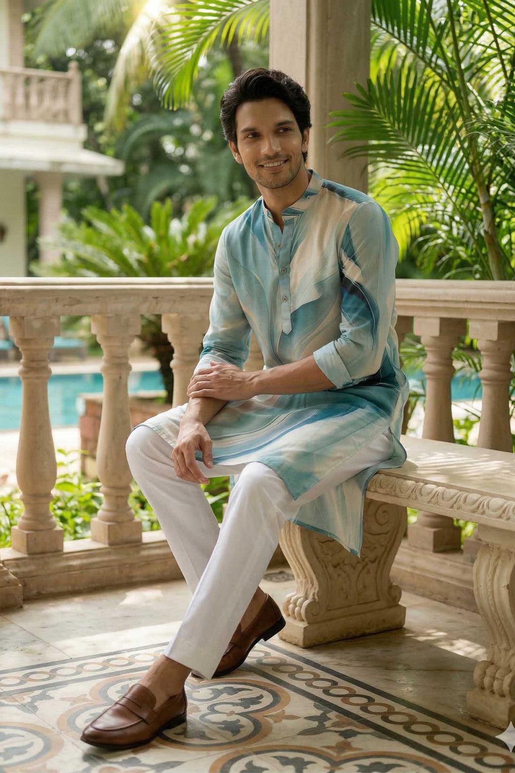 The Sage Blue Abstract Leaf Print Long Kurta