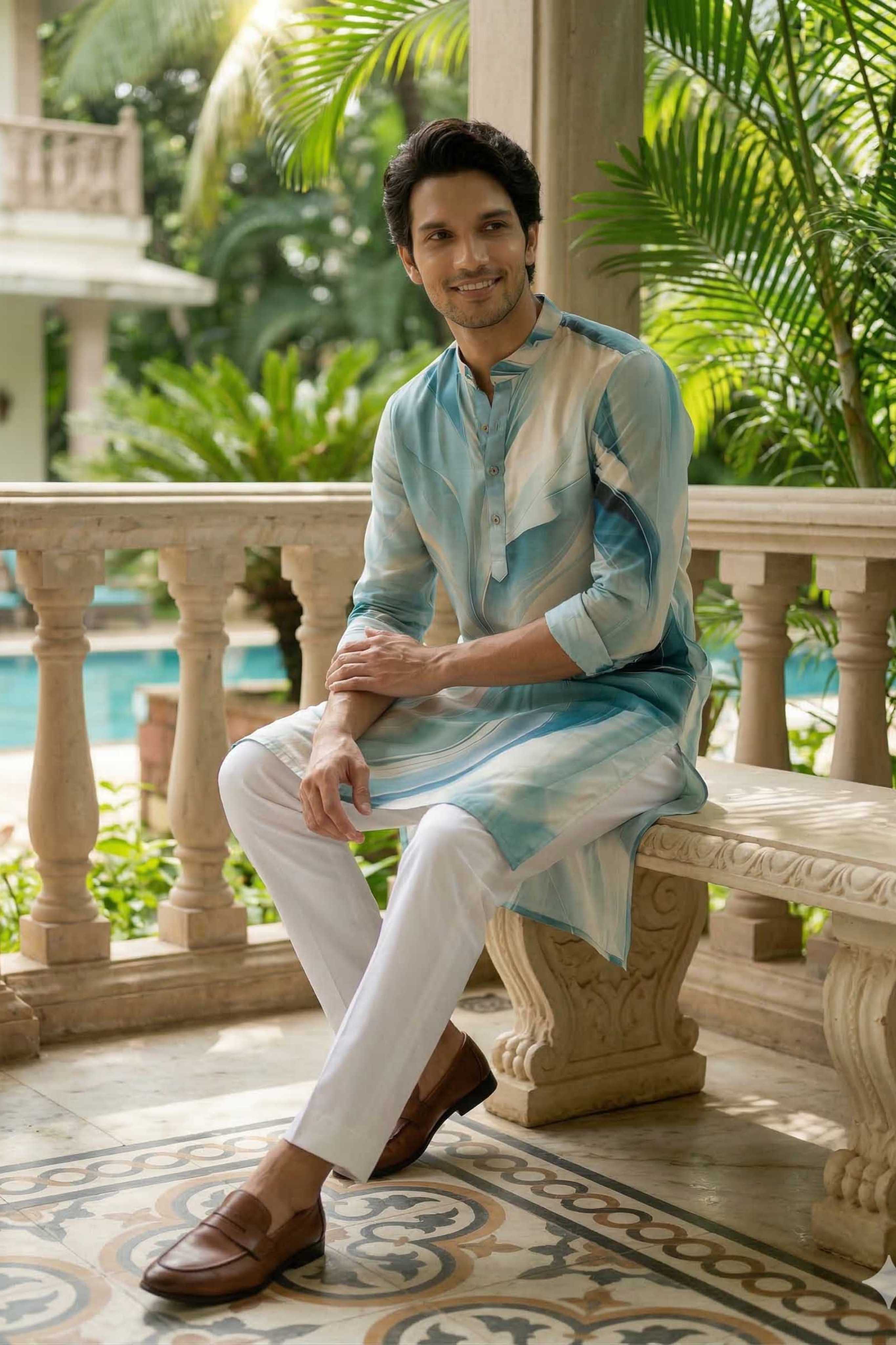 The Sage Blue Abstract Leaf Print Long Kurta