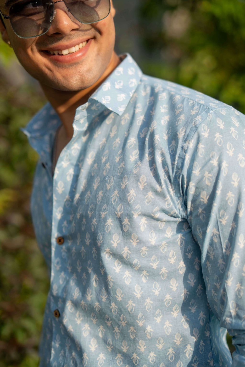 The Frost Blue Shirt with White Floral Motifs