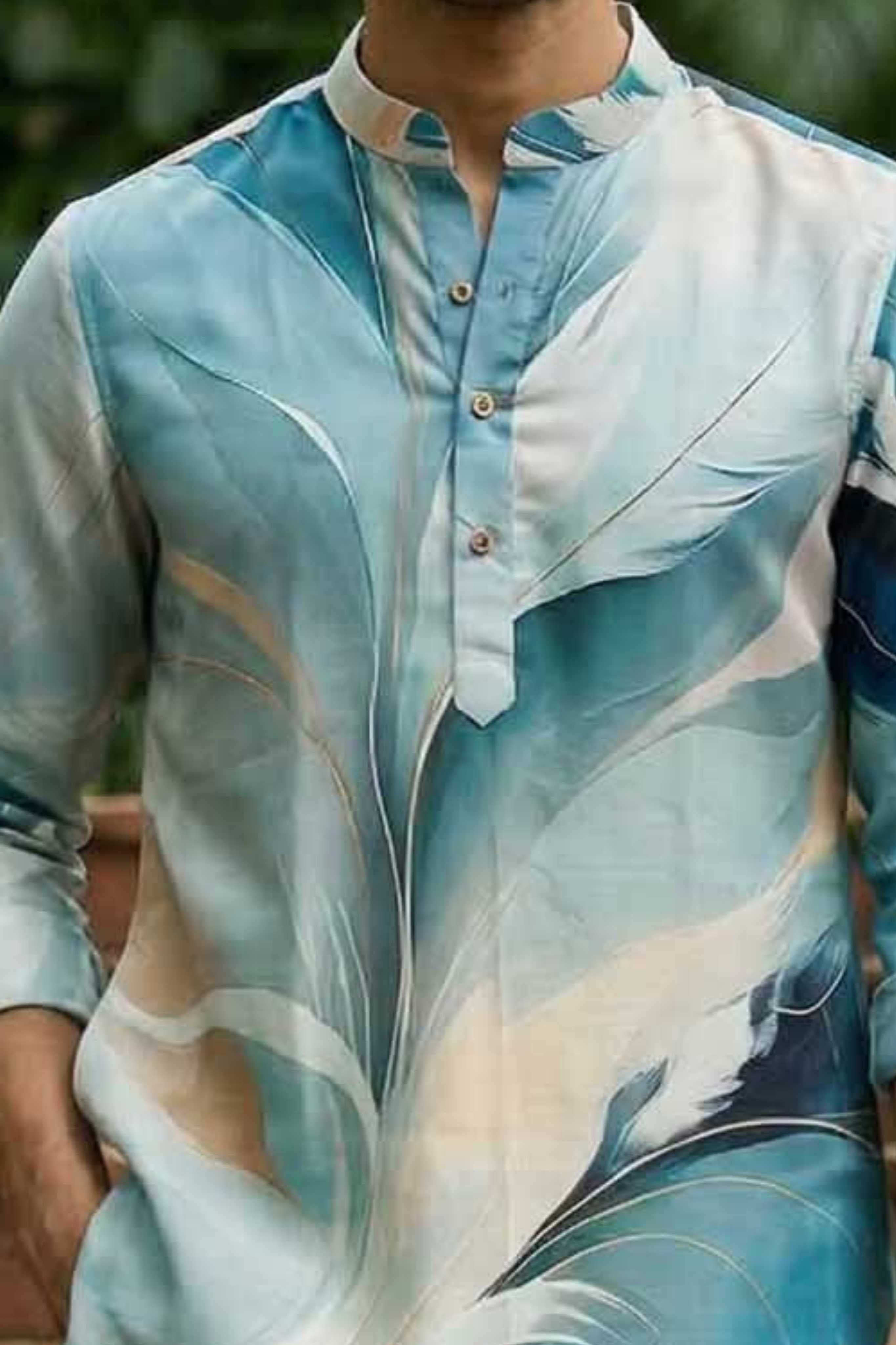 The Sage Blue Abstract Leaf Print Long Kurta