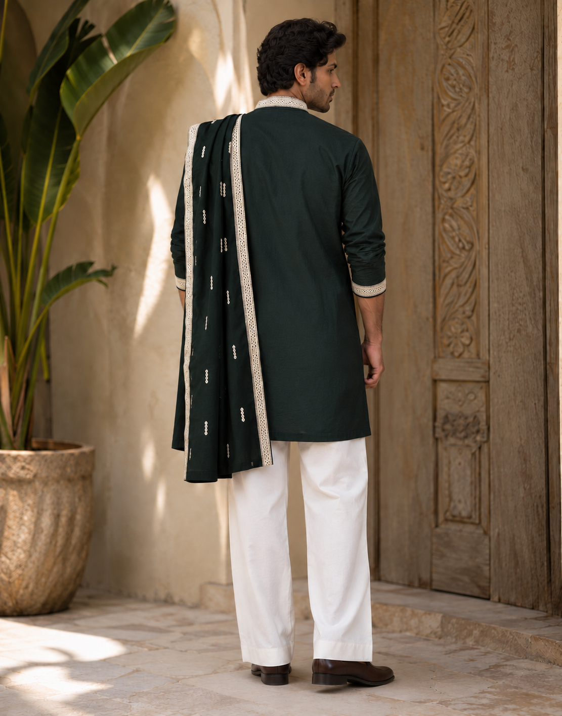 The Green Neck Embroidery Long Kurta With Dupatta