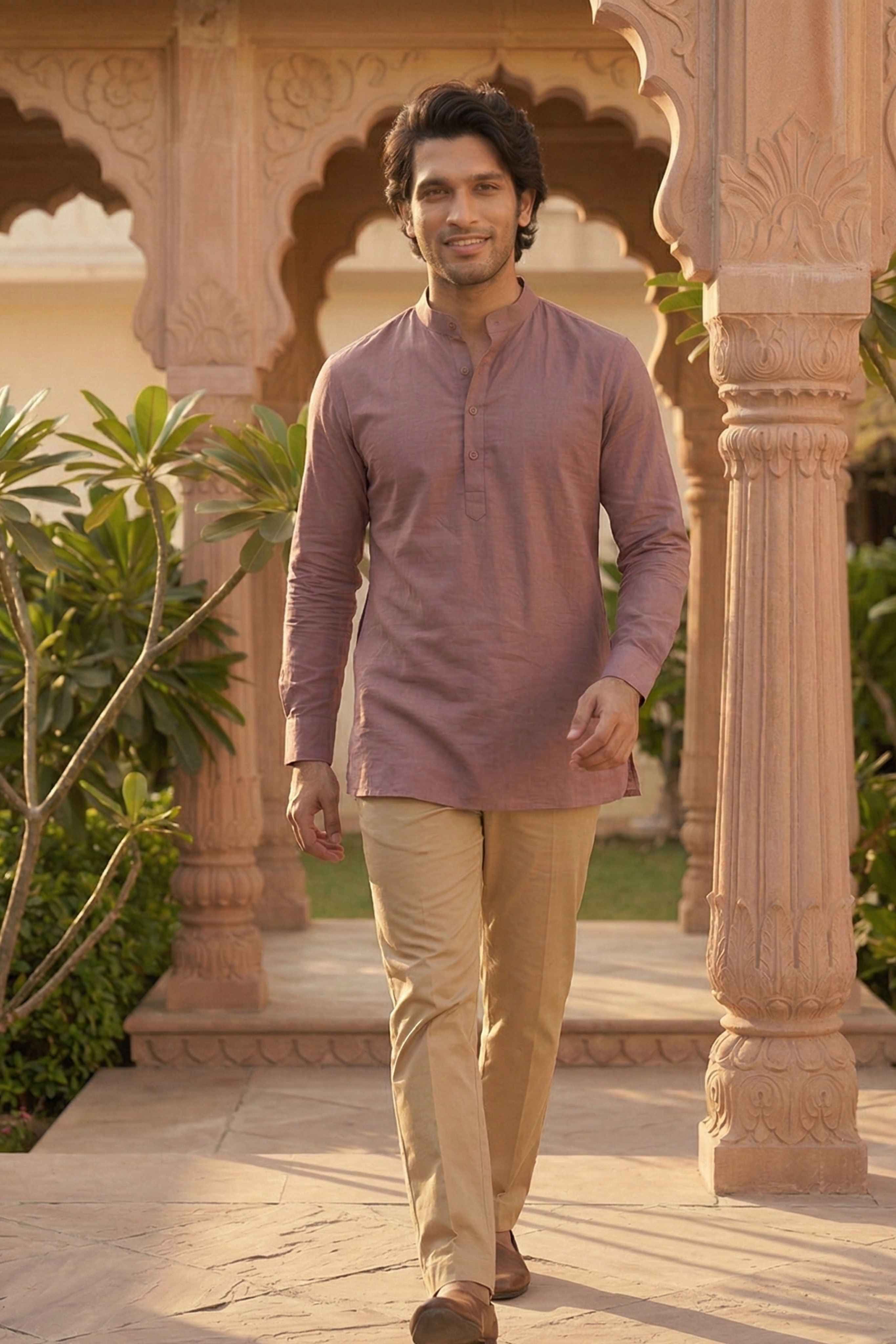 The Light Purple Cotton Short Kurta With Buttoned Cuffs