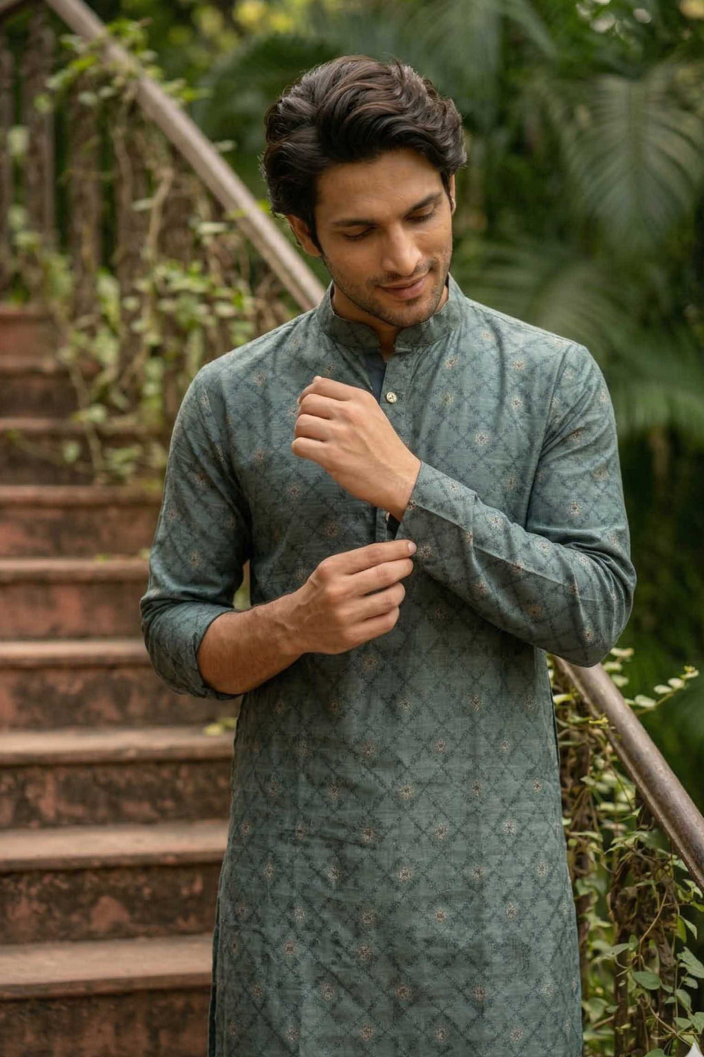 The Teal Green Silk Blend Long Kurta with Traditional Self Motif