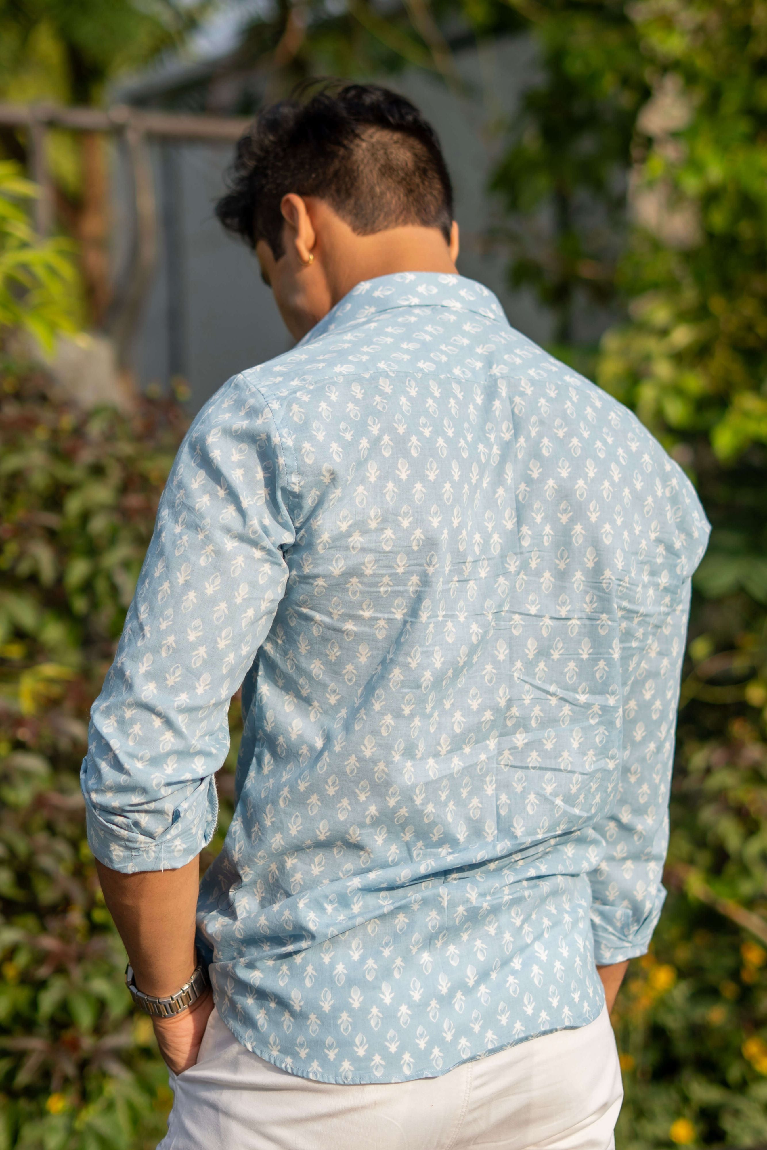 The Frost Blue Shirt with White Floral Motifs