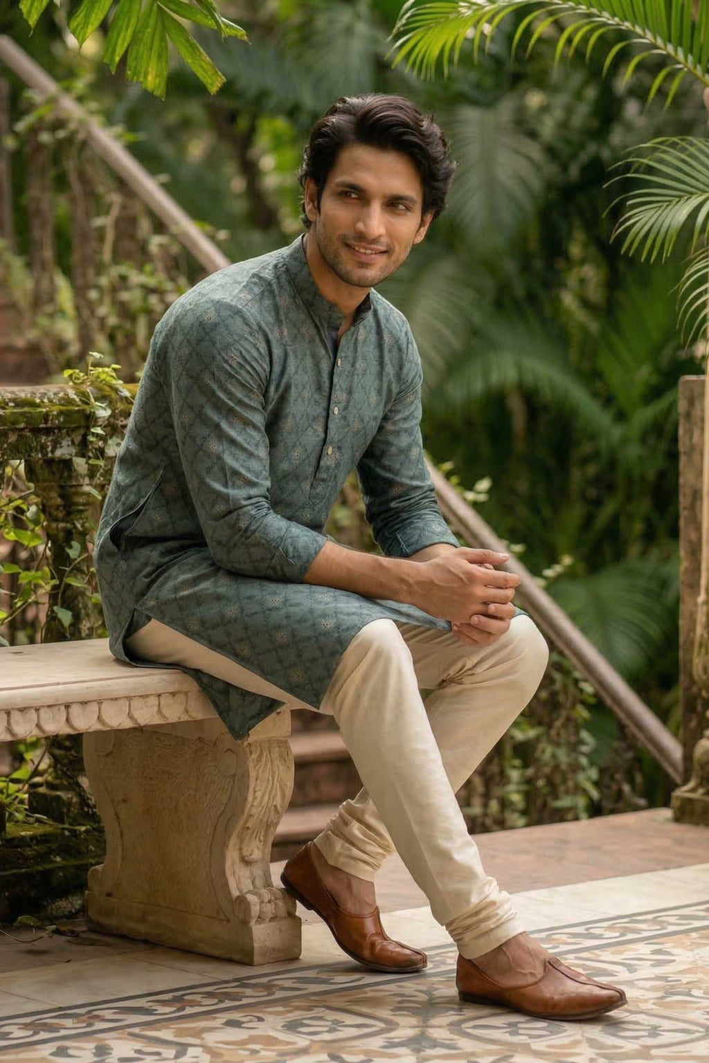 The Teal Green Silk Blend Long Kurta with Traditional Self Motif