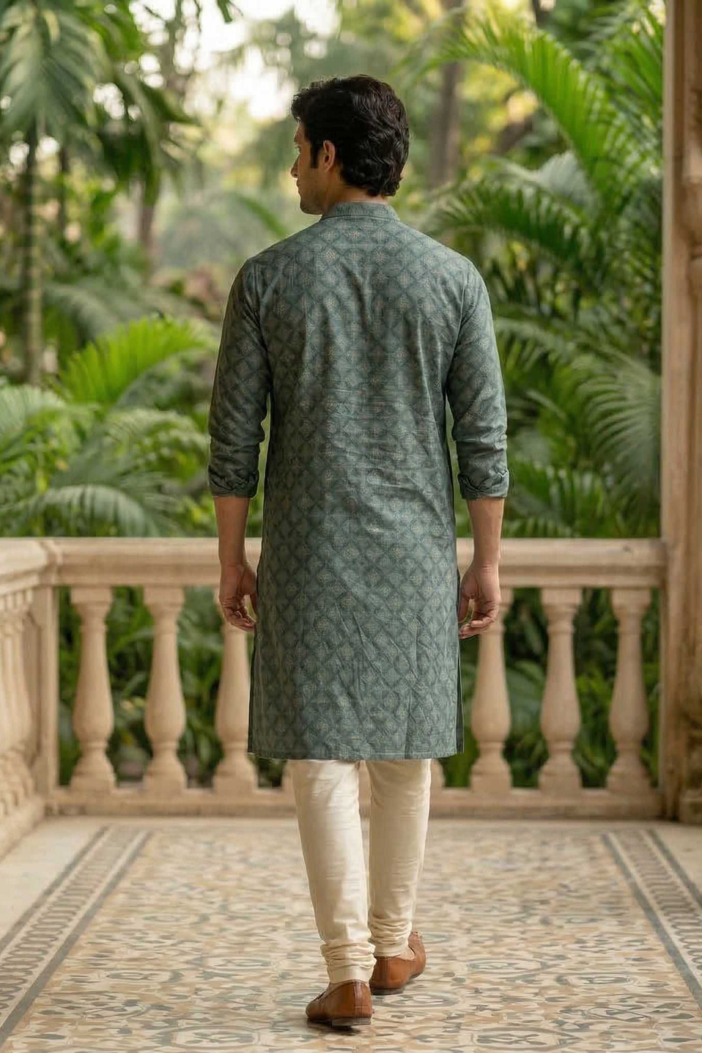 The Teal Green Silk Blend Long Kurta with Traditional Self Motif