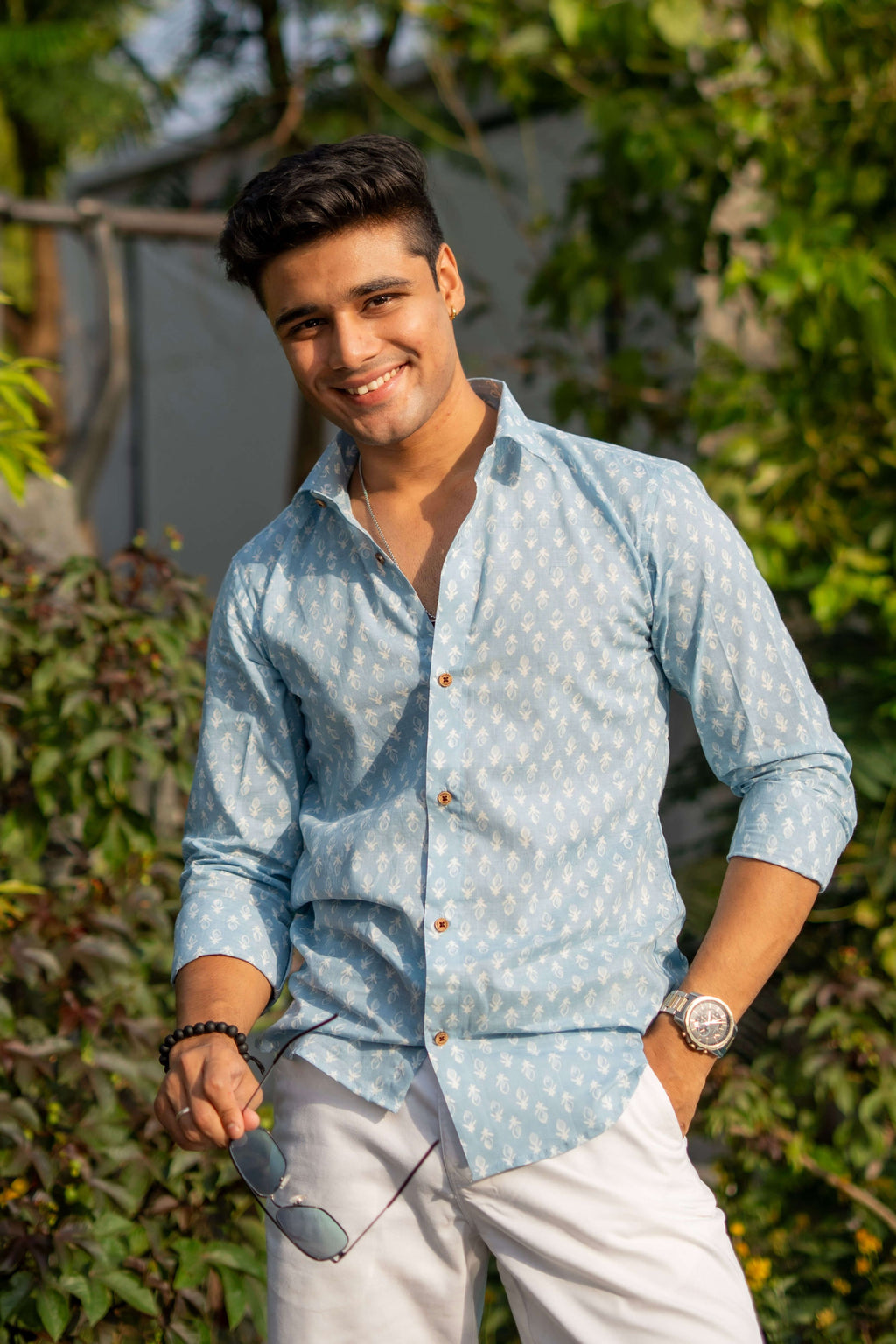 The Frost Blue Shirt with White Floral Motifs