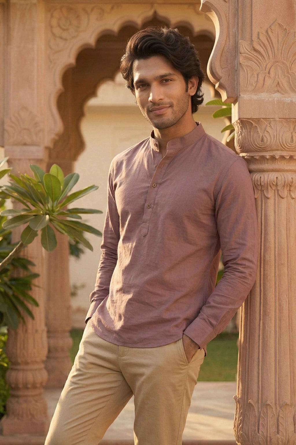 The Light Purple Cotton Short Kurta With Buttoned Cuffs