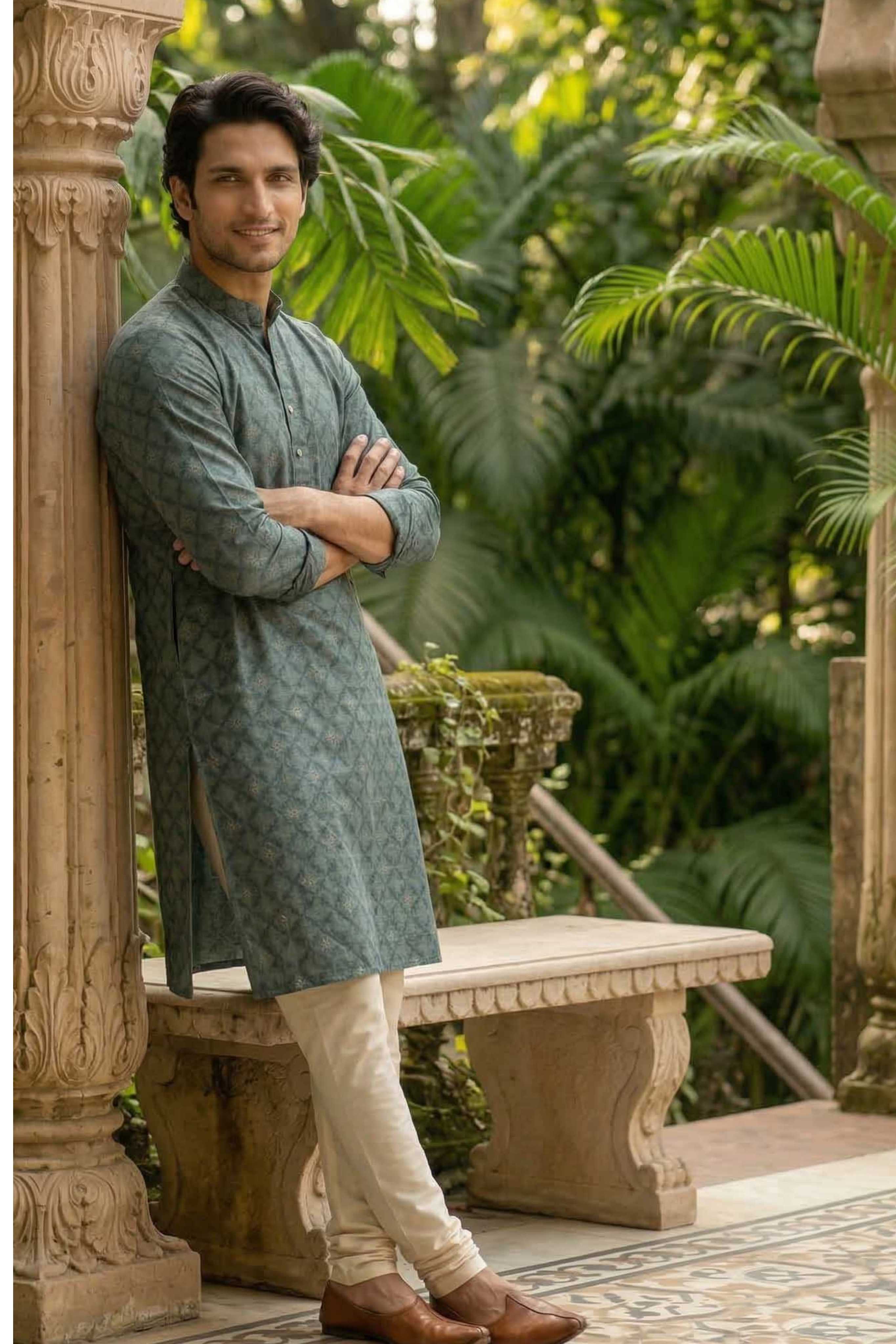 The Teal Green Silk Blend Long Kurta with Traditional Self Motif