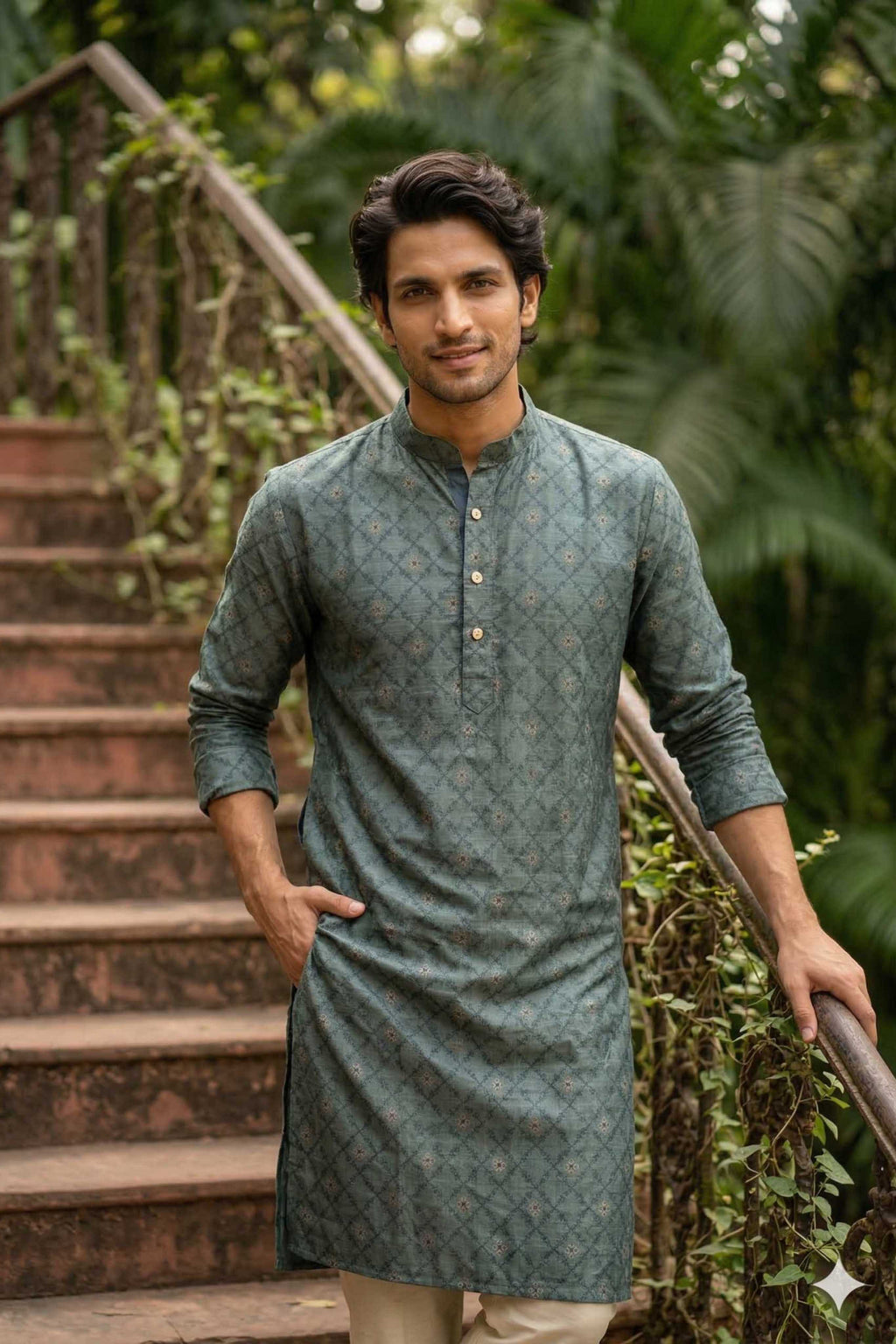 The Teal Green Silk Blend Long Kurta with Traditional Self Motif
