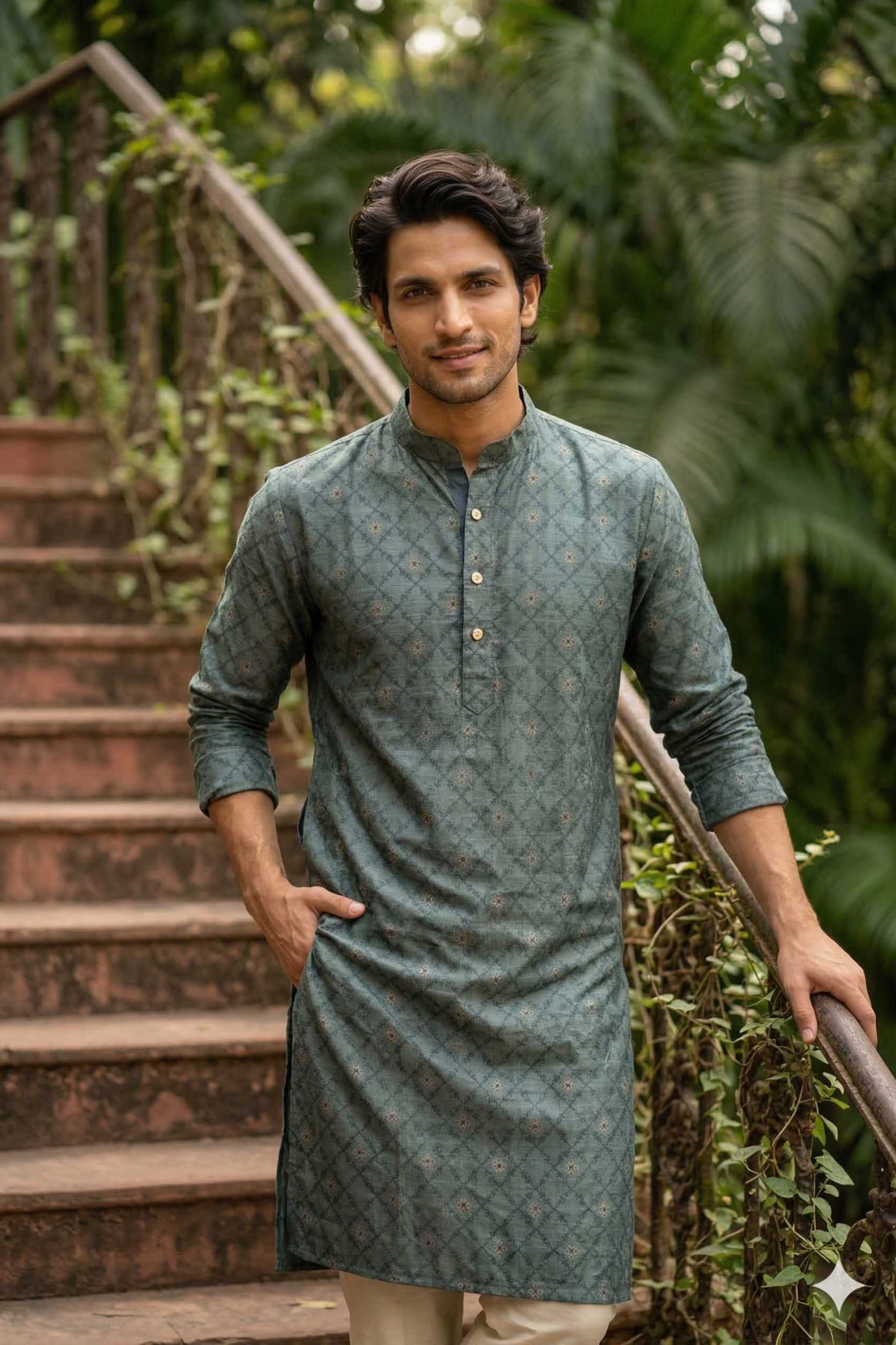 The Teal Green Silk Blend Long Kurta with Traditional Self Motif