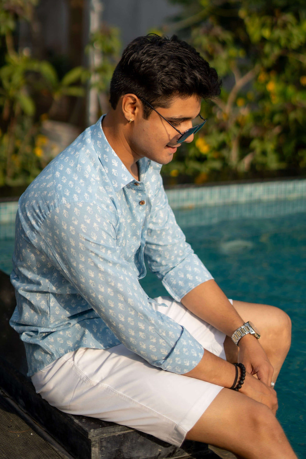 The Frost Blue Shirt with White Floral Motifs