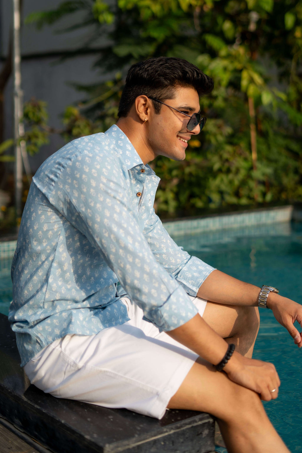The Frost Blue Shirt with White Floral Motifs