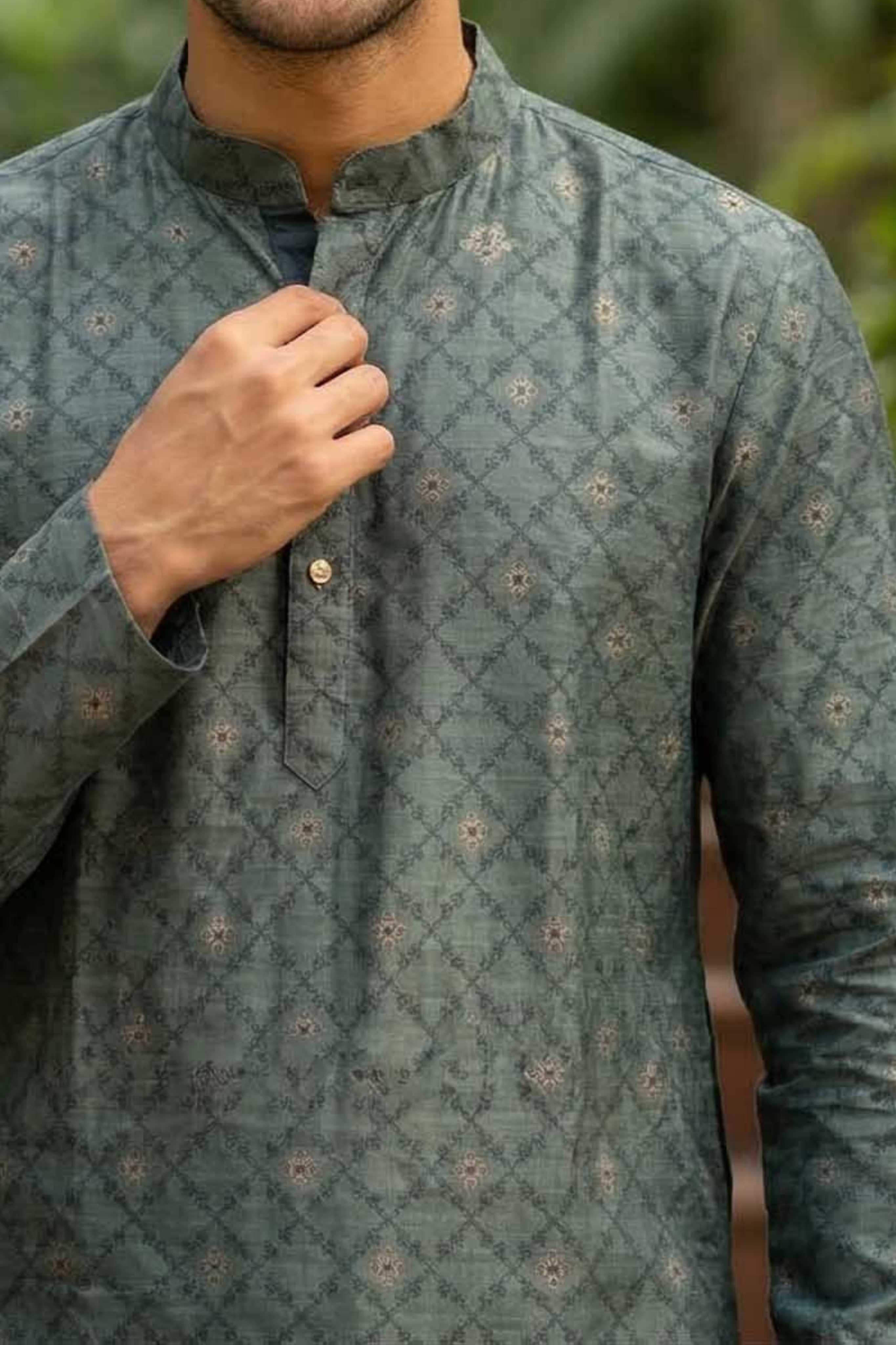 The Teal Green Silk Blend Long Kurta with Traditional Self Motif