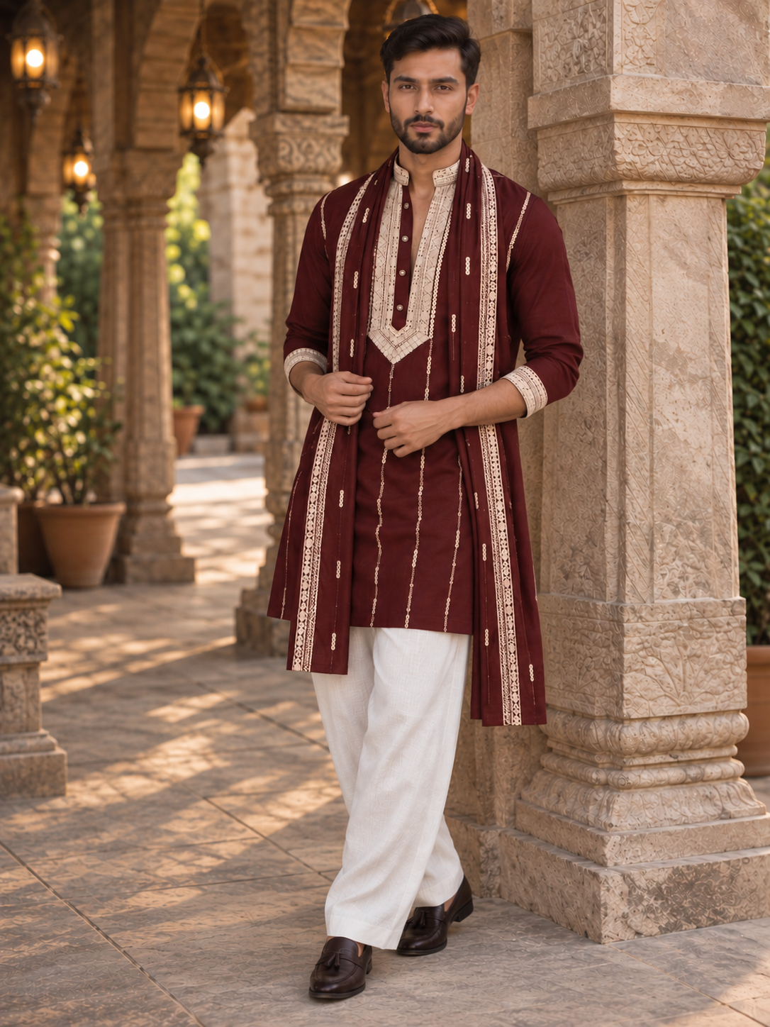 The Stylish Maroon Neck Embroidery Long Kurta With Dupatta