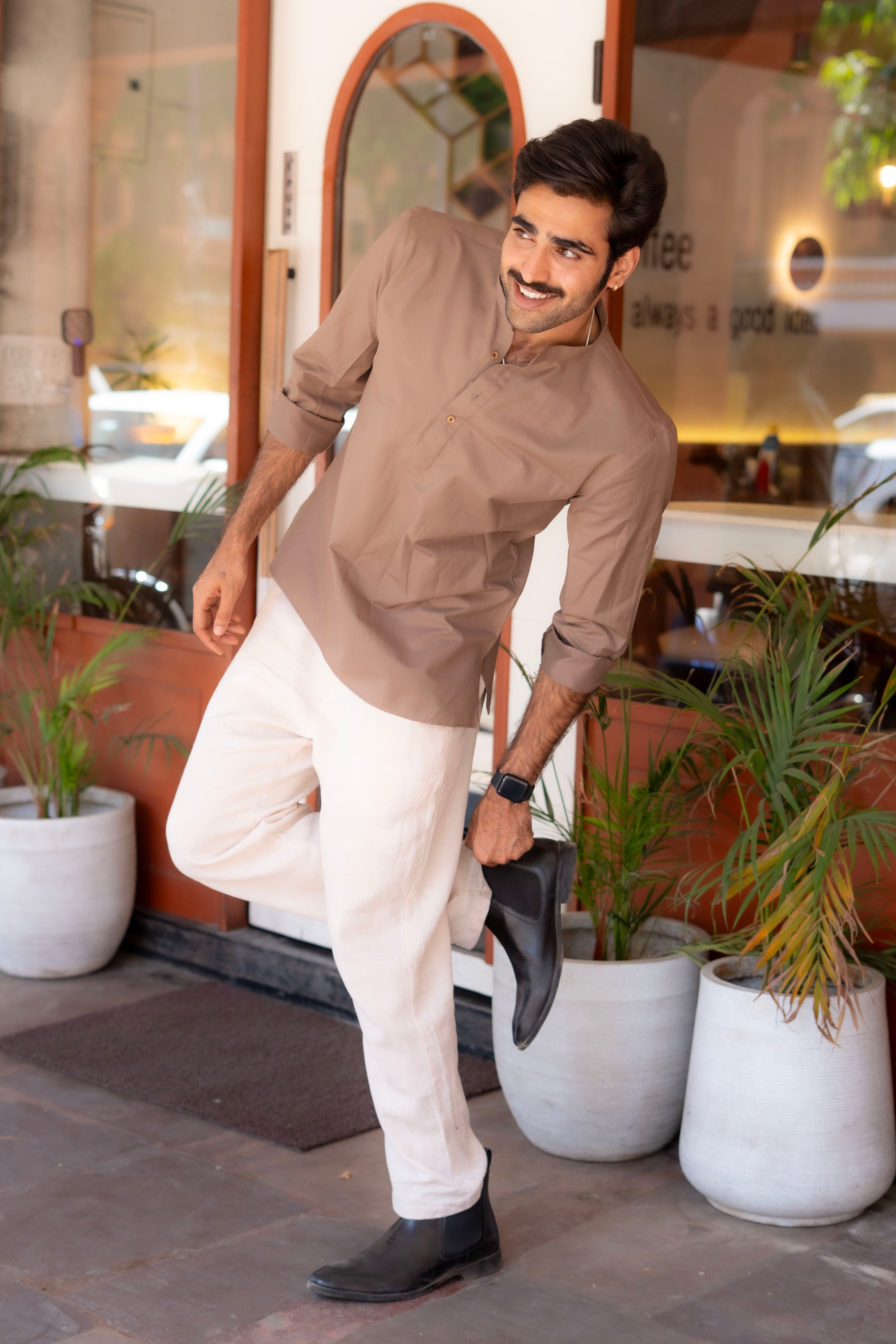 The Cocoa Brown Striped Stretchable Short Kurta