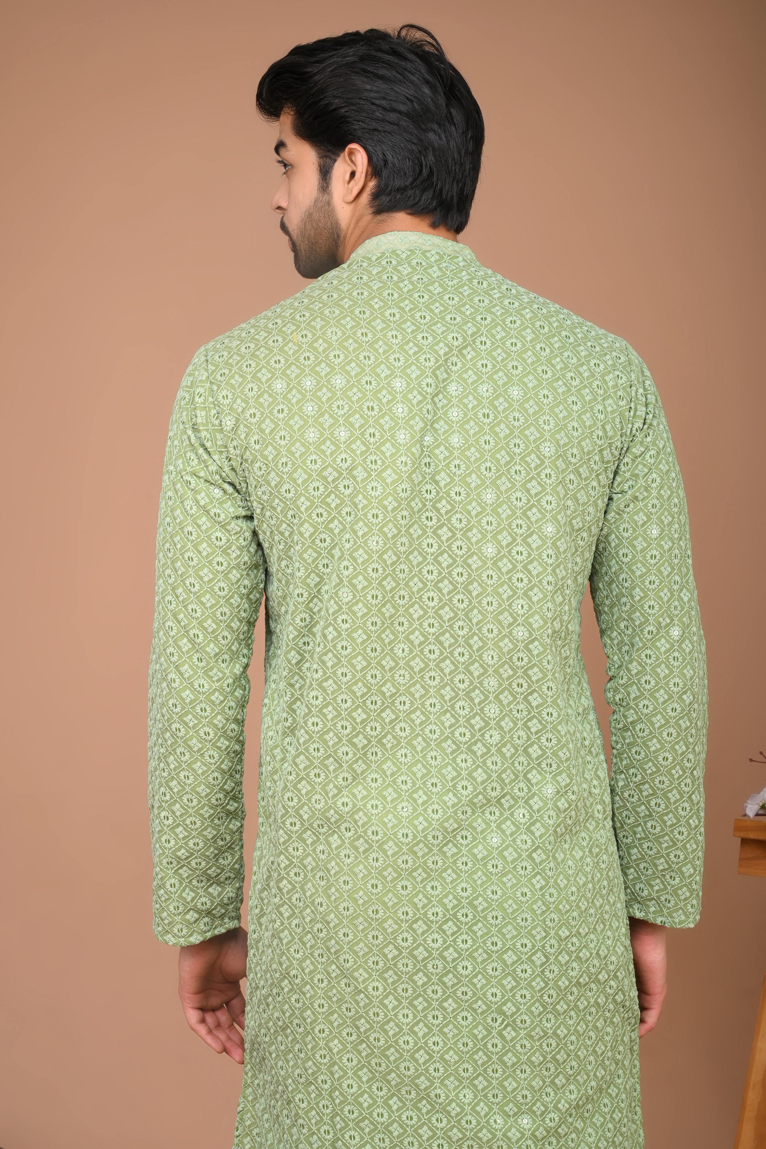 The Marine Green Chikan Kari Long kurta