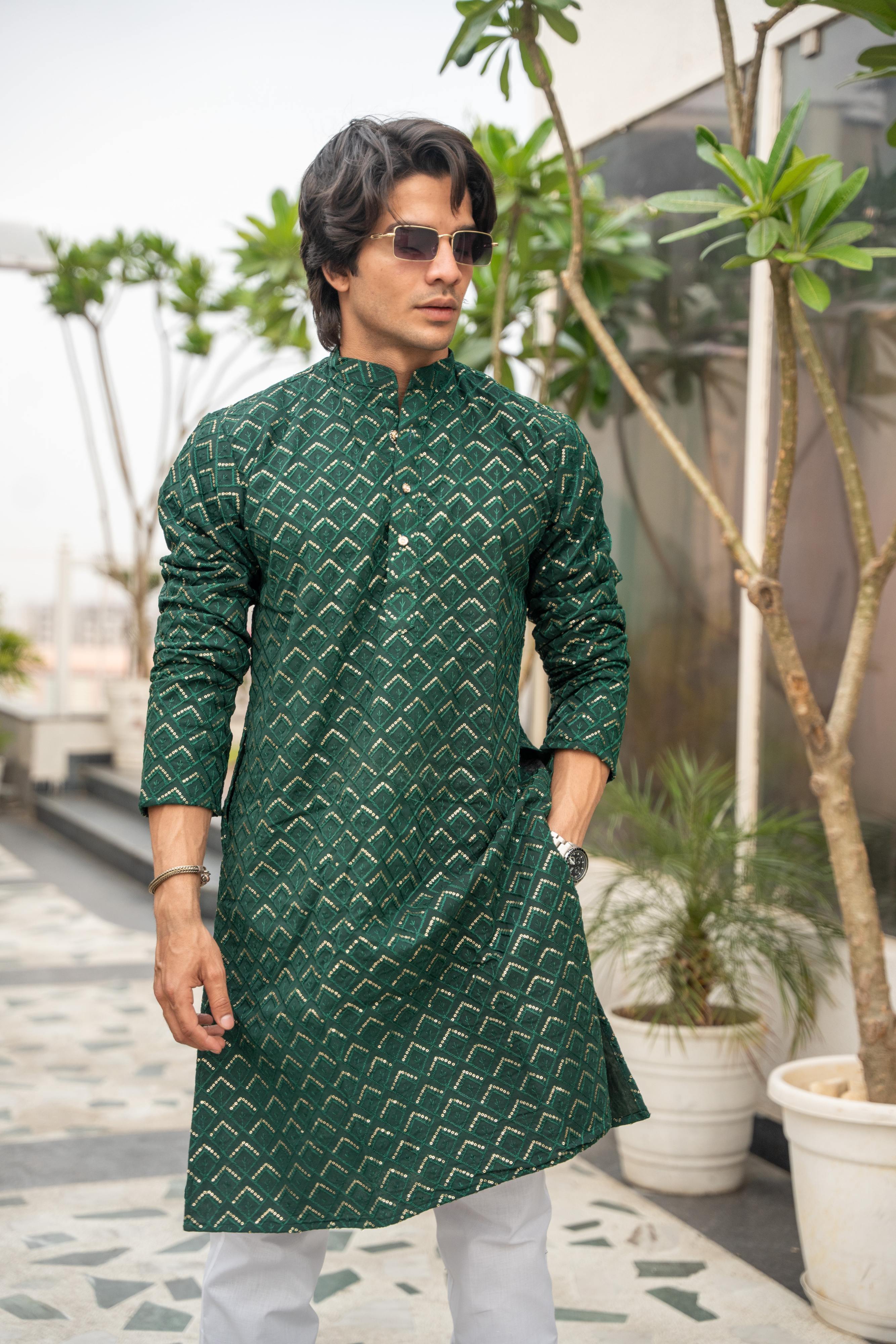 The Dark Green Long Kurta With Gemoetric Embroidery and sequins Work